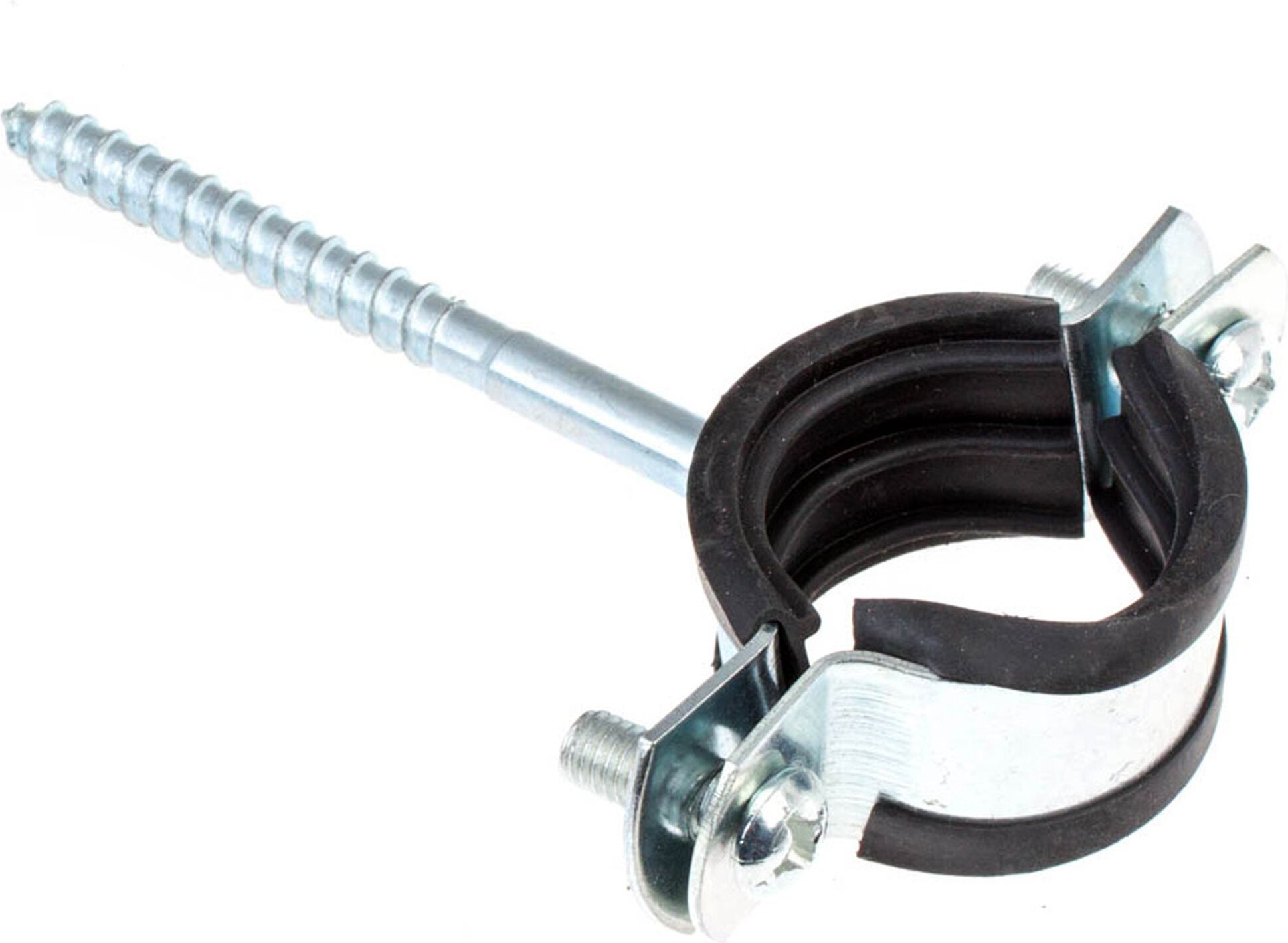 (м8) 20-24 (1/2") с гайкой и шпилькой-шурупом, дюбелем. Хомут с саморезом. 1/2" (d 74 - 80 мм). Труб 1 (32-35) шуруп. Хомут металлический.