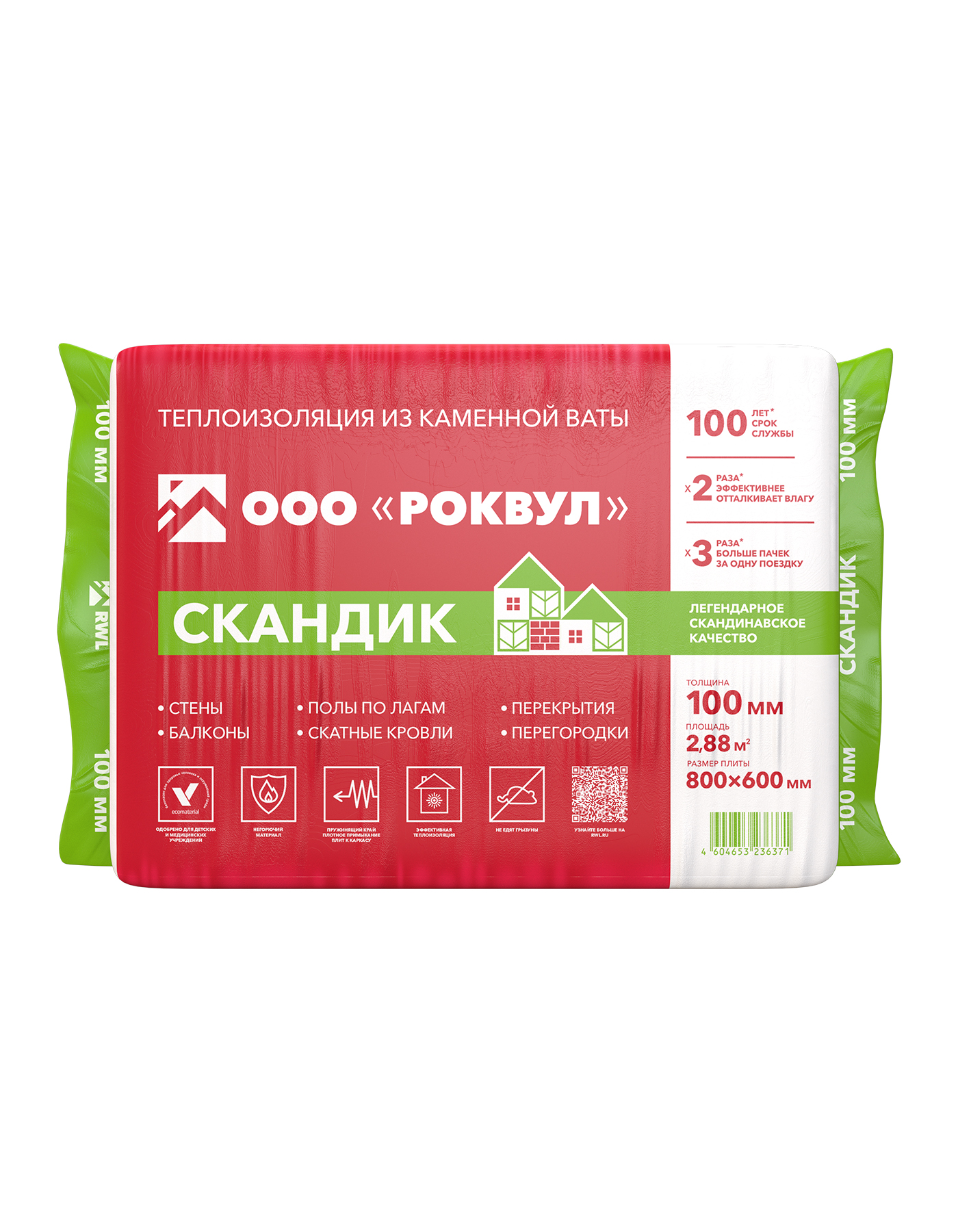 Изображение товара Утеплитель каменная вата РОКВУЛ ЛАЙТ БАТТС СКАНДИК 100 мм 2,88 м²