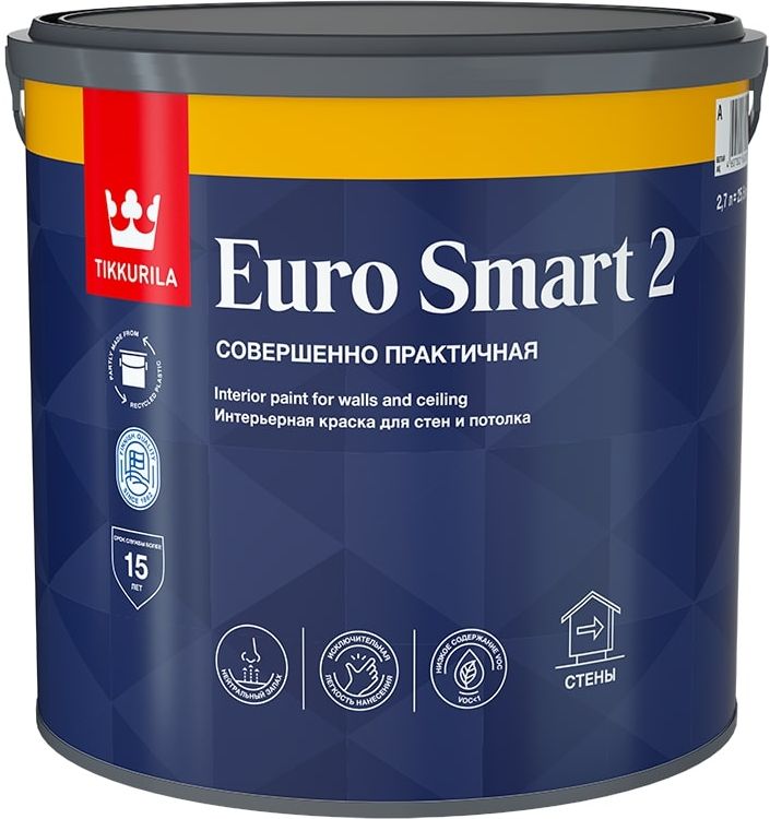 Изображение товара Интерьерная краска Tikkurila Euro Smart 2 глубокоматовая 2.7 л для стен и потолков