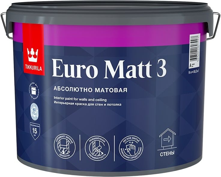 Изображение товара Интерьерная матовая краска Tikkurila Euro Matt 3 для стен и потолков 9 л