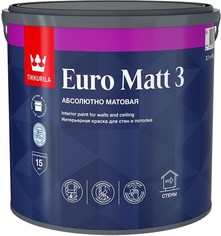 Изображение товара Интерьерная матовая краска Tikkurila Euro Matt 3 2.7 л для стен и потолков