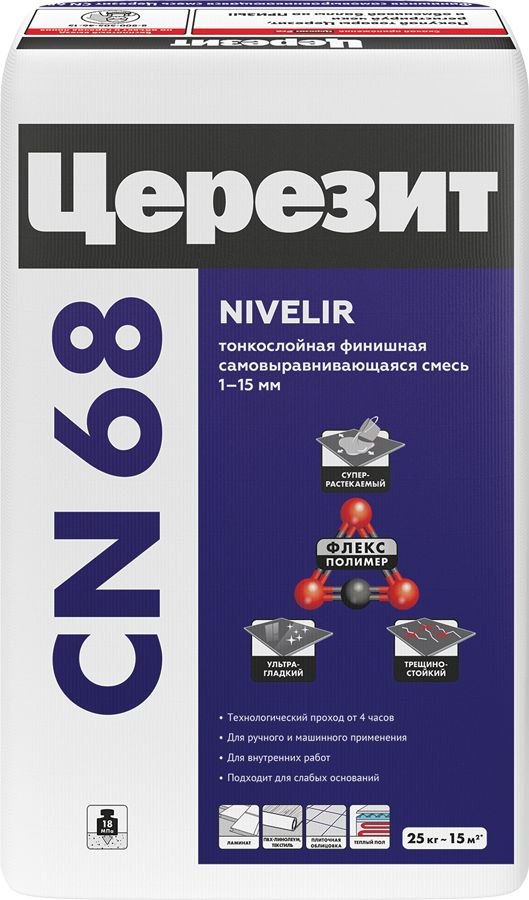 Изображение товара Цементный наливной пол Церезит CN 68 NIVELIR 25 кг для внутренних помещений
