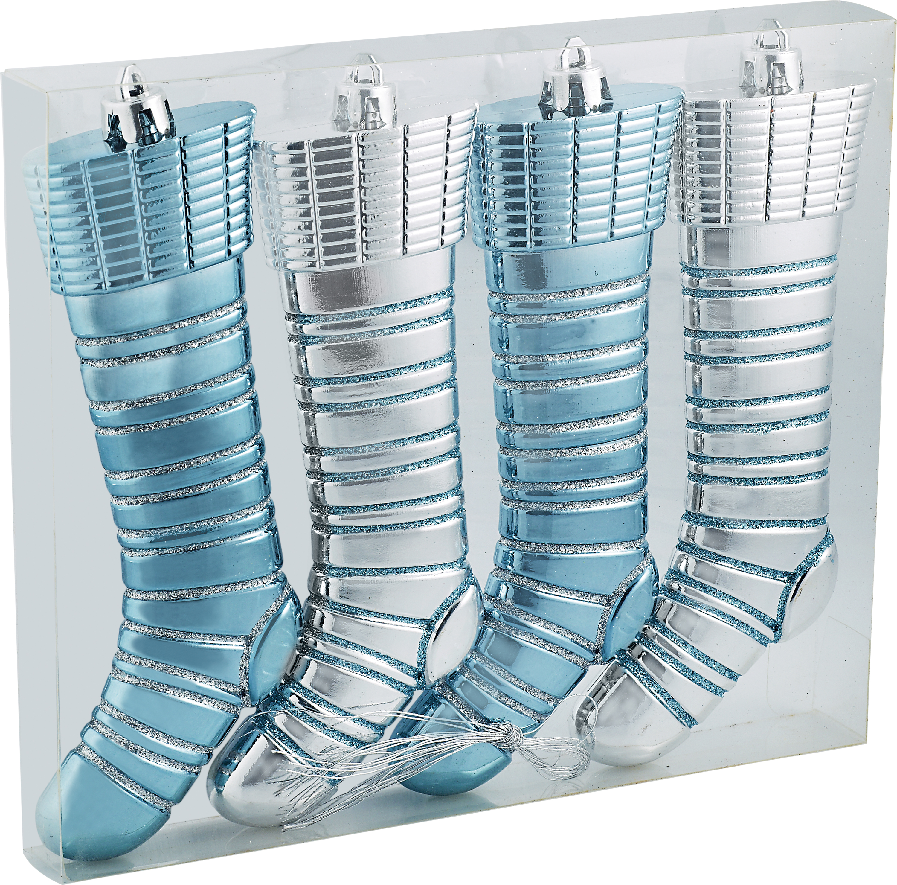 Изображение товара Набор ёлочных игрушек носок серебряных и синих 4 шт 15 см для новогоднего декора