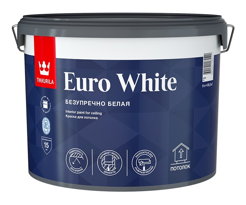 Изображение товара Интерьерная краска Tikkurila Euro White 9л глубокоматовая белая для потолков