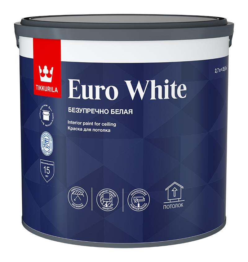 Изображение товара Интерьерная глубокоматовая белая краска Tikkurila Euro White 2.7 л для потолков и стен