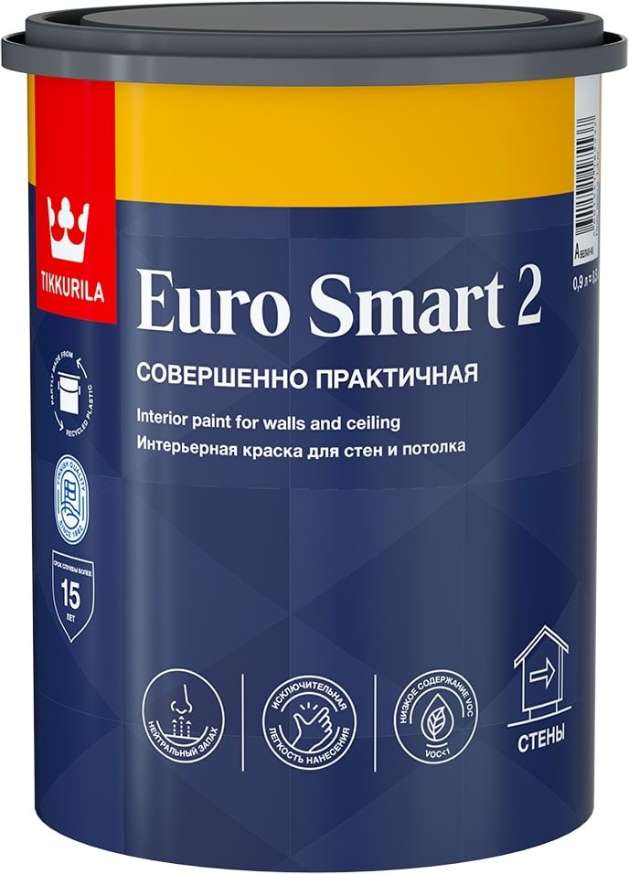 Изображение товара Краска интерьерная Tikkurila/Tikkivala Euro Smart 2 глубокоматовая белая 0,9 л