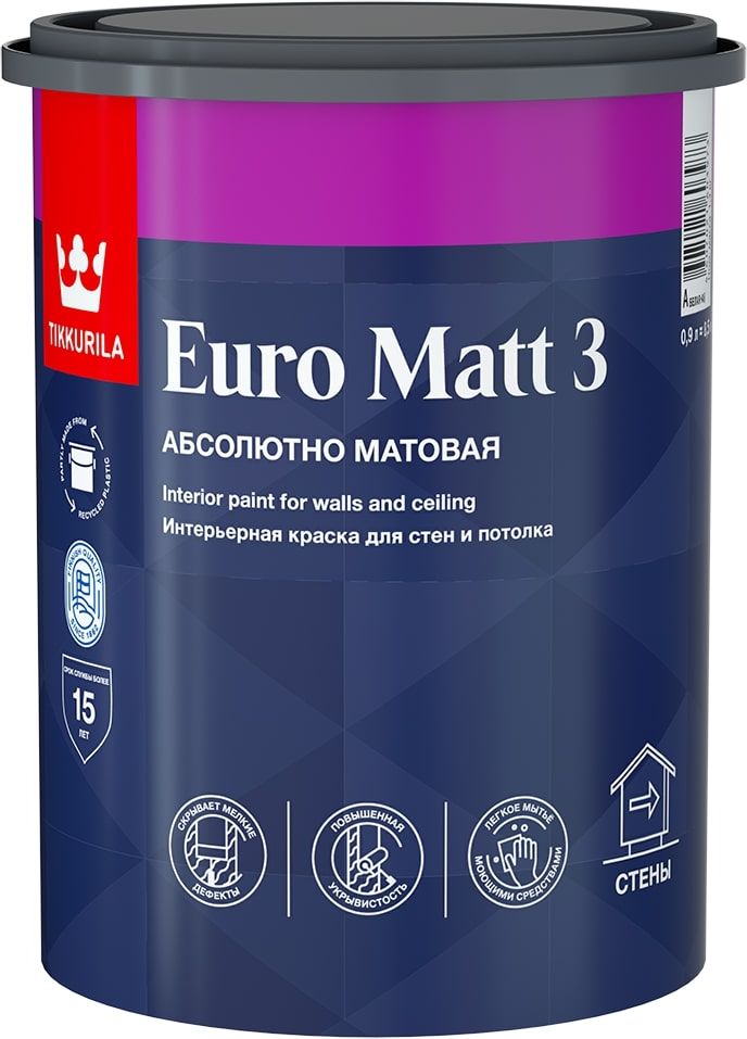 Изображение товара Интерьерная краска Tikkurila Euro Matt 3 глубокоматовая белая 0,9 л