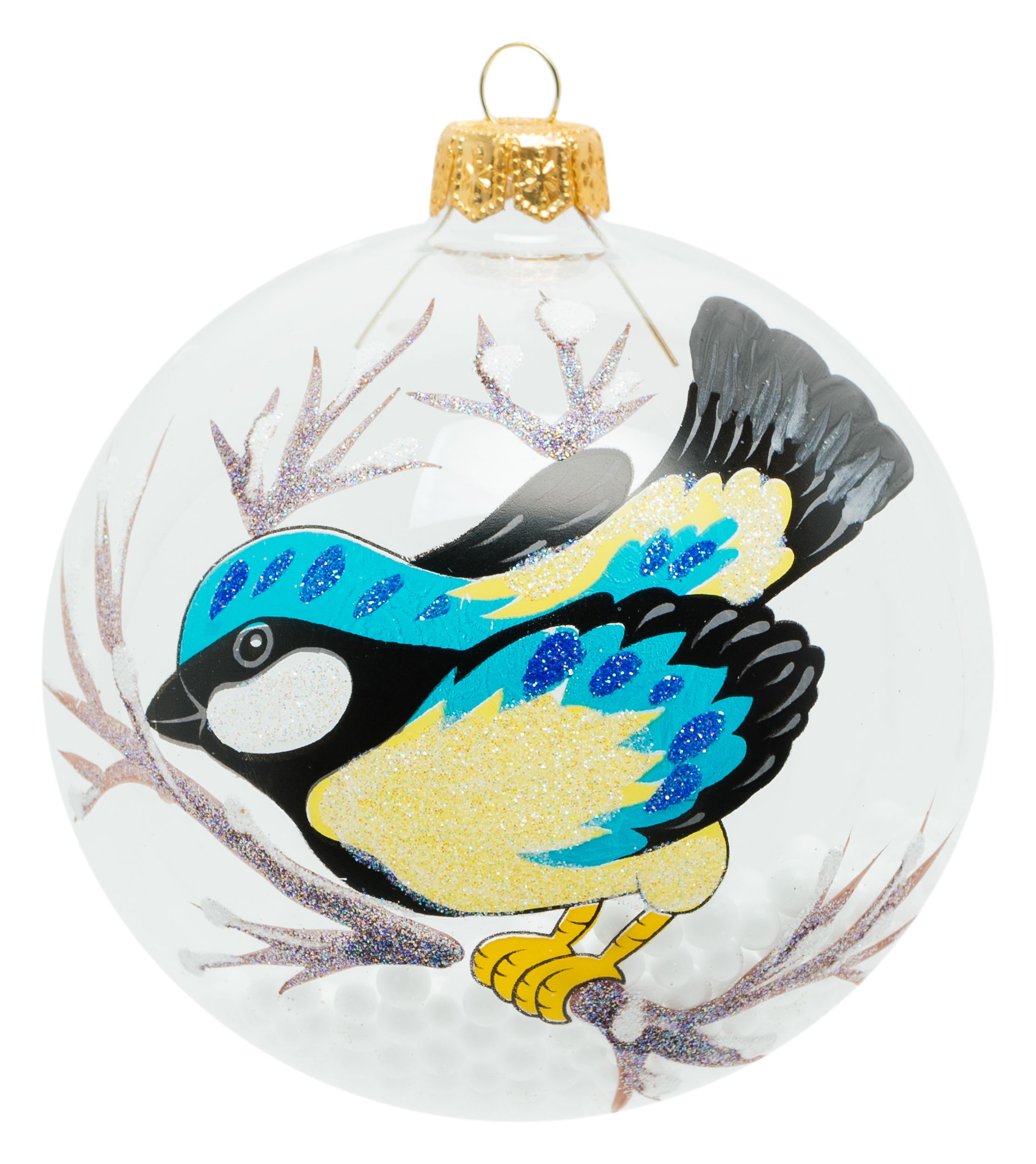 Изображение товара Новогодний стеклянный шар Синички 10 см глянец красный елочные украшения