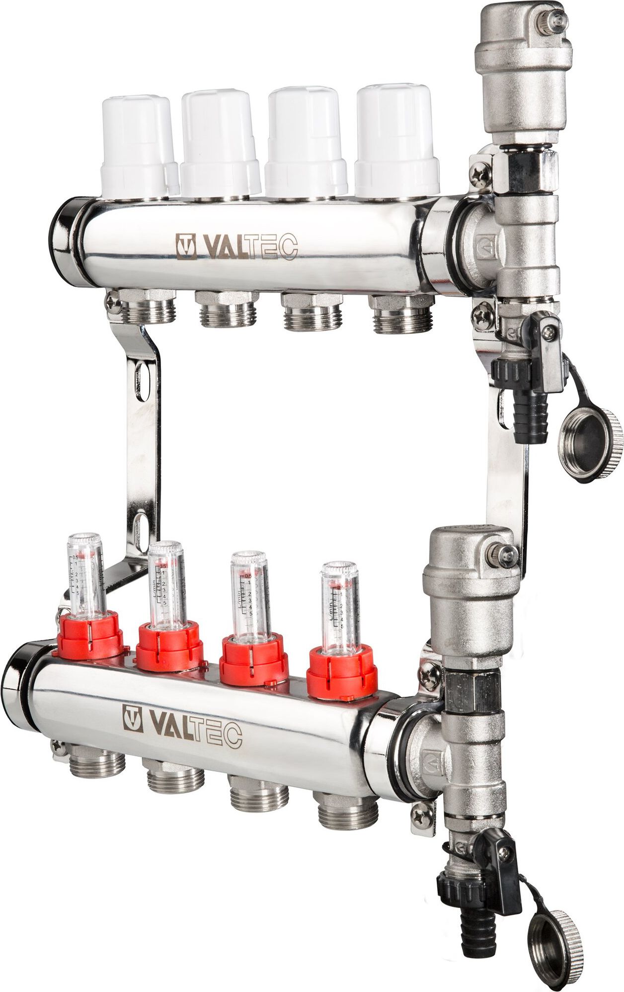 Изображение товара Коллекторная группа VALTEC с расходомерами 4 выхода 3/4 дюйма нержавеющая сталь
