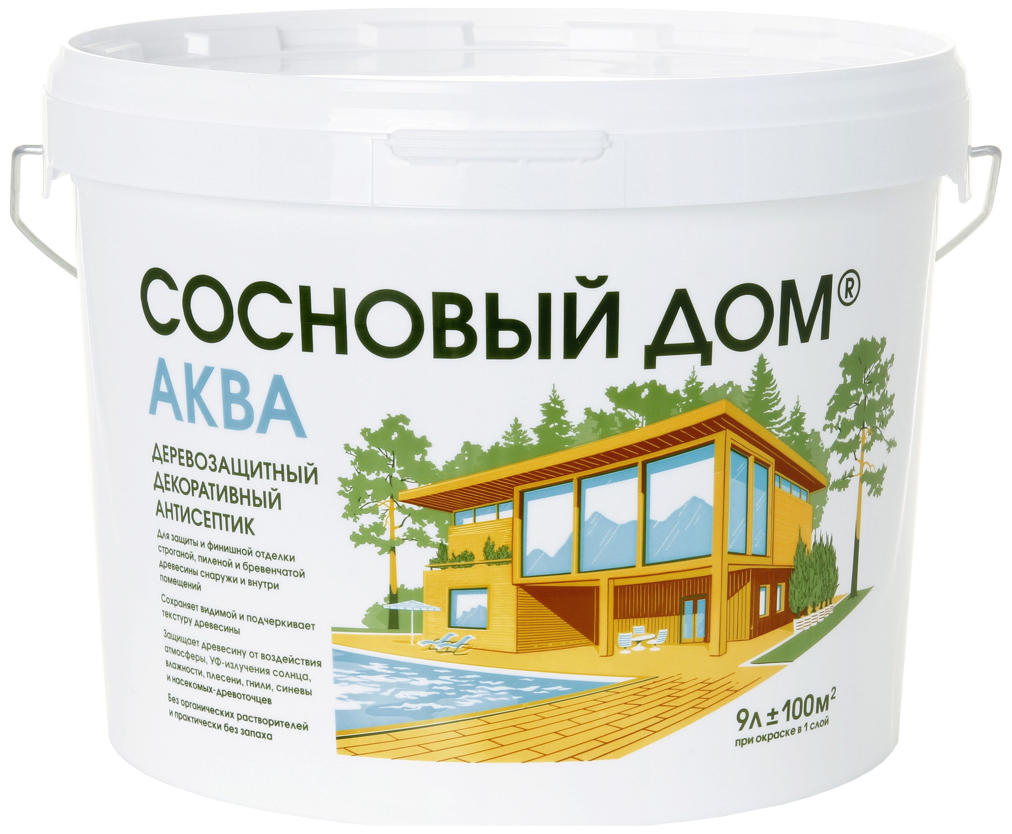 Изображение товара Деревозащитный антисептик Сосновый дом Аква полуматовый 9 л для внутренней и внешней обработки дере