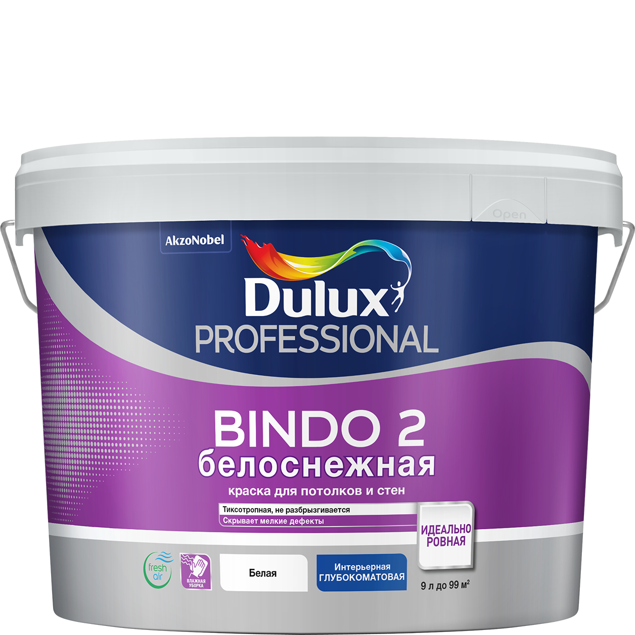 Изображение товара Интерьерная краска Dulux Bindo 2 глубокоматовая 9 л, белоснежная для стен и потолков