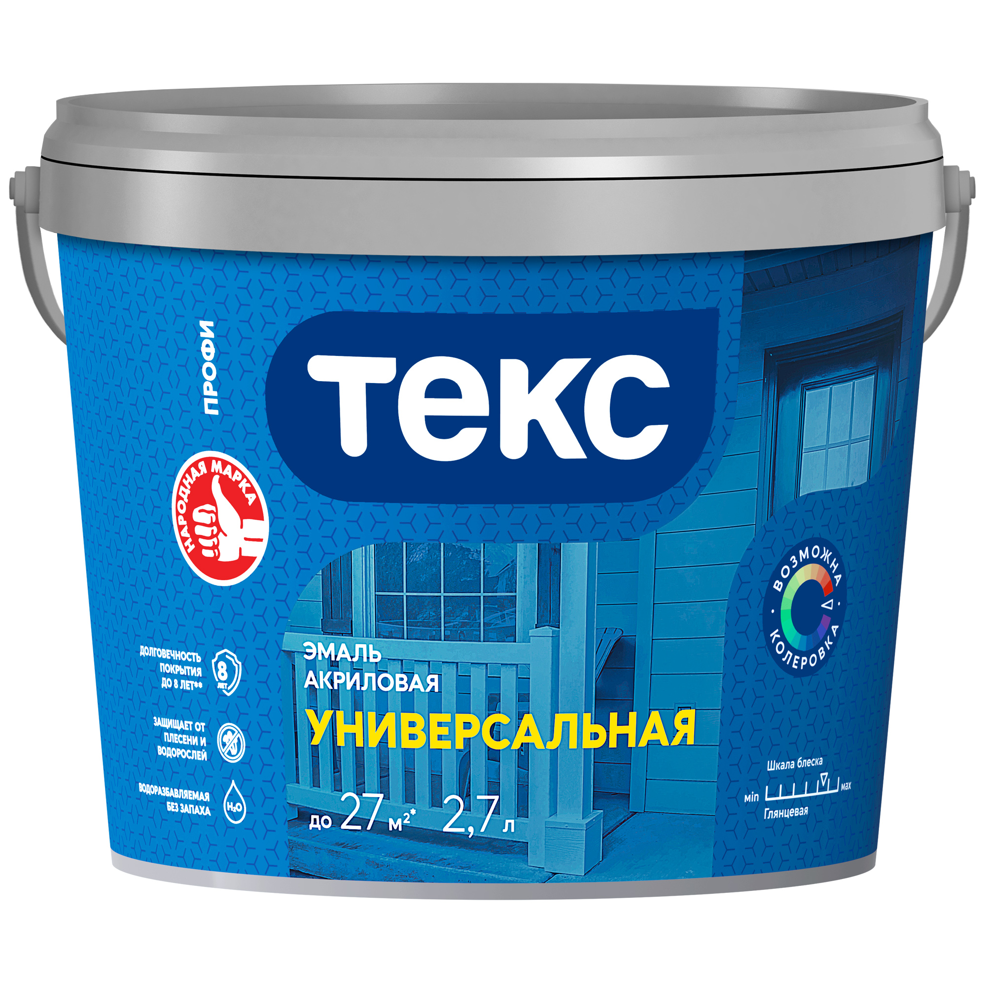 Изображение товара Акриловая универсальная эмаль ТЕКС база А 2,7 л белая глянцевая для внутренних и фасадных работ
