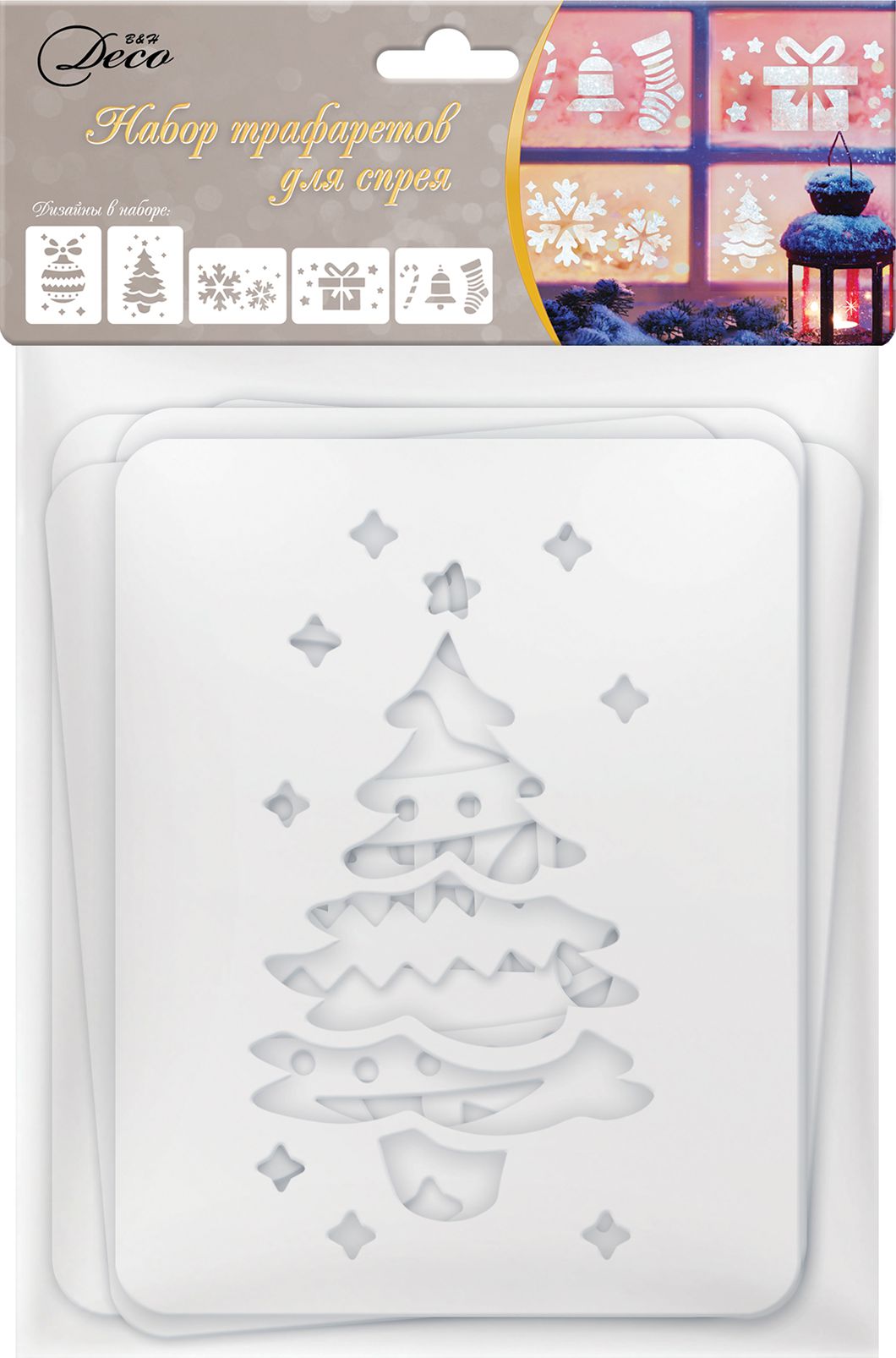 Изображение товара Трафарет 28х16 см для зимних украшений снежинки елочки белый картон