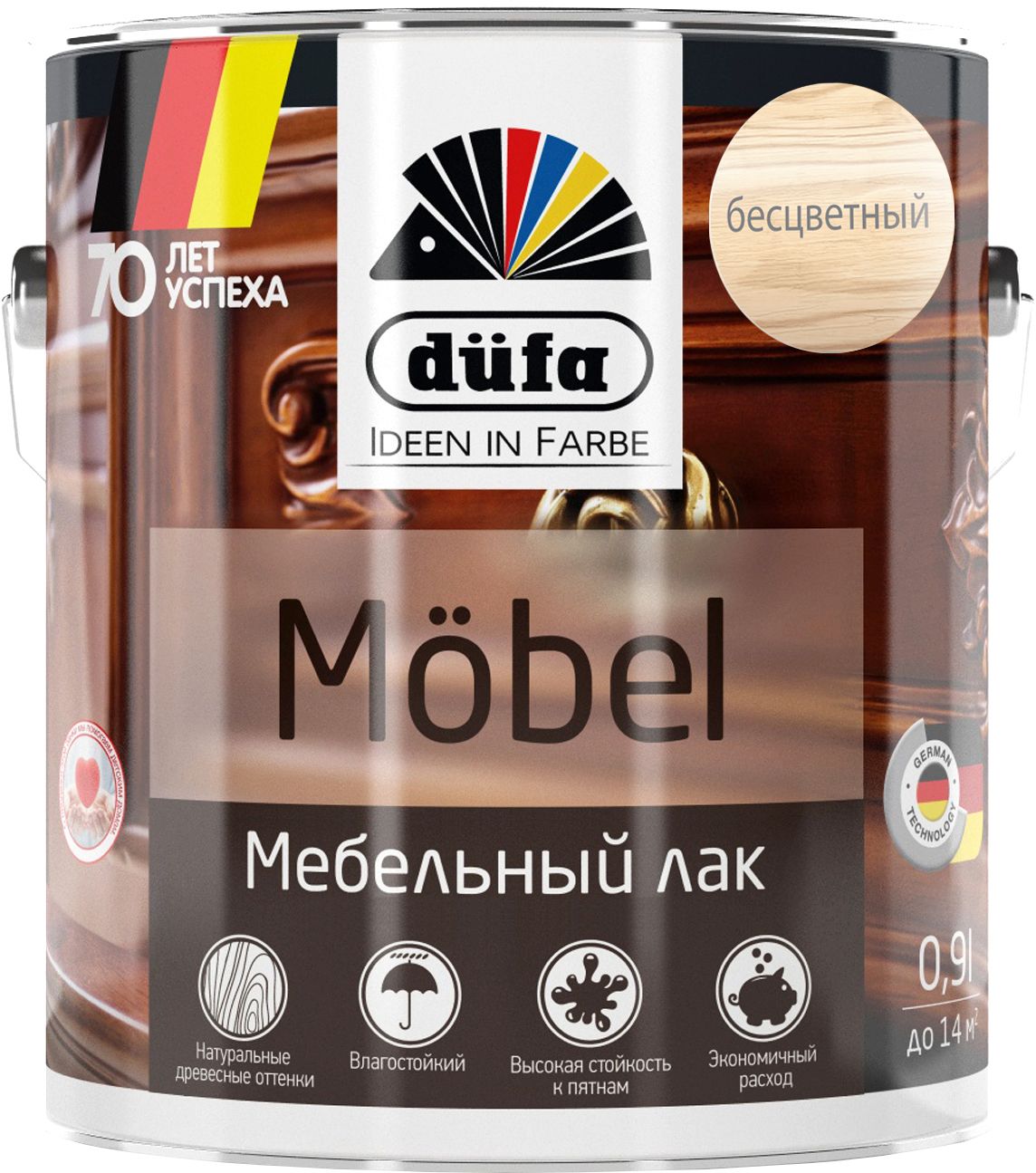 Изображение товара Лак мебельный dufa Mobel бесцветный глянцевый 0,9 л для внутренней обработки деревянных поверхносте