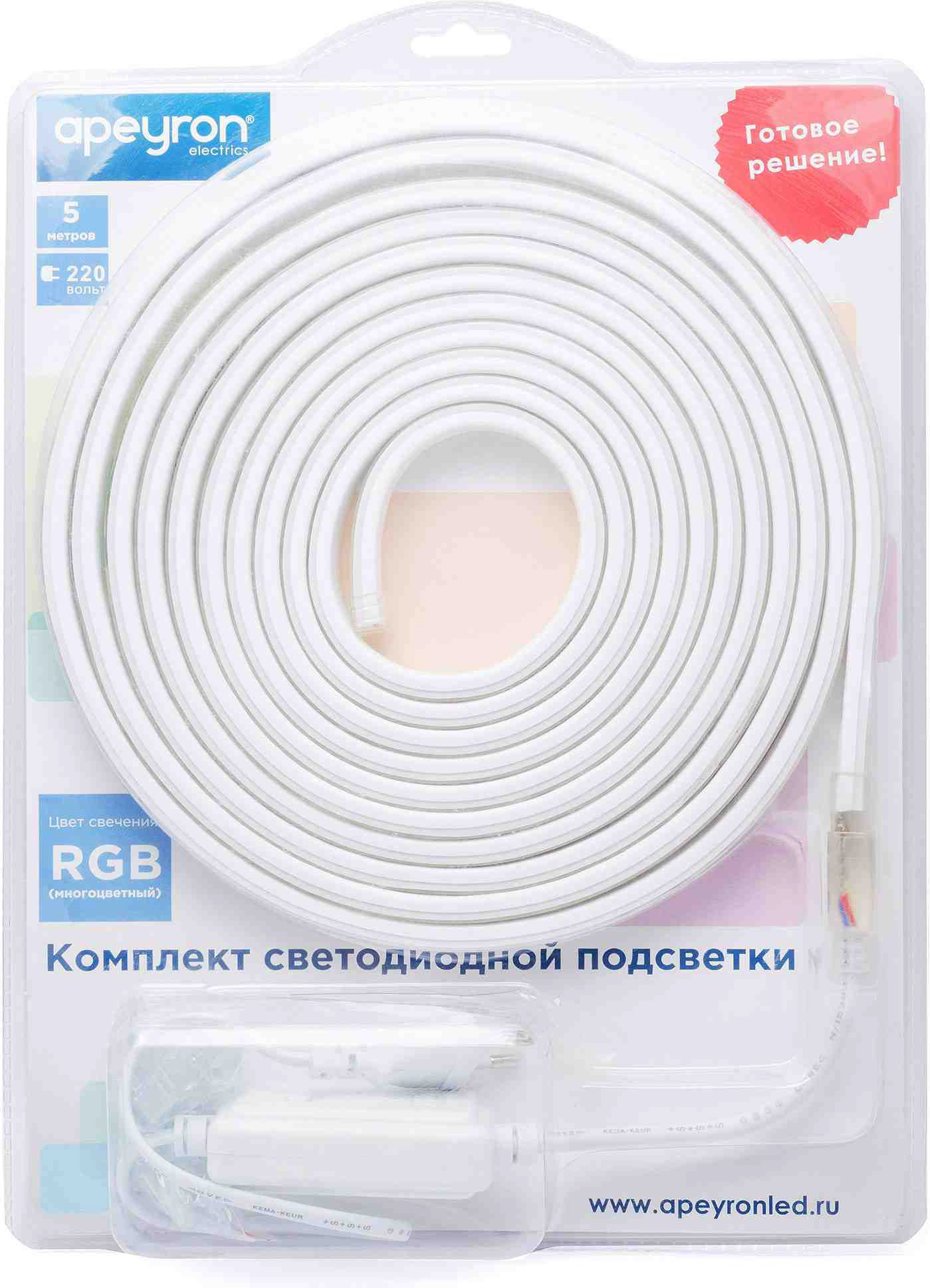Изображение товара Светодиодная лента Apeyron Electrics SMD 5050 RGB 5 м IP44 220В 60 LED