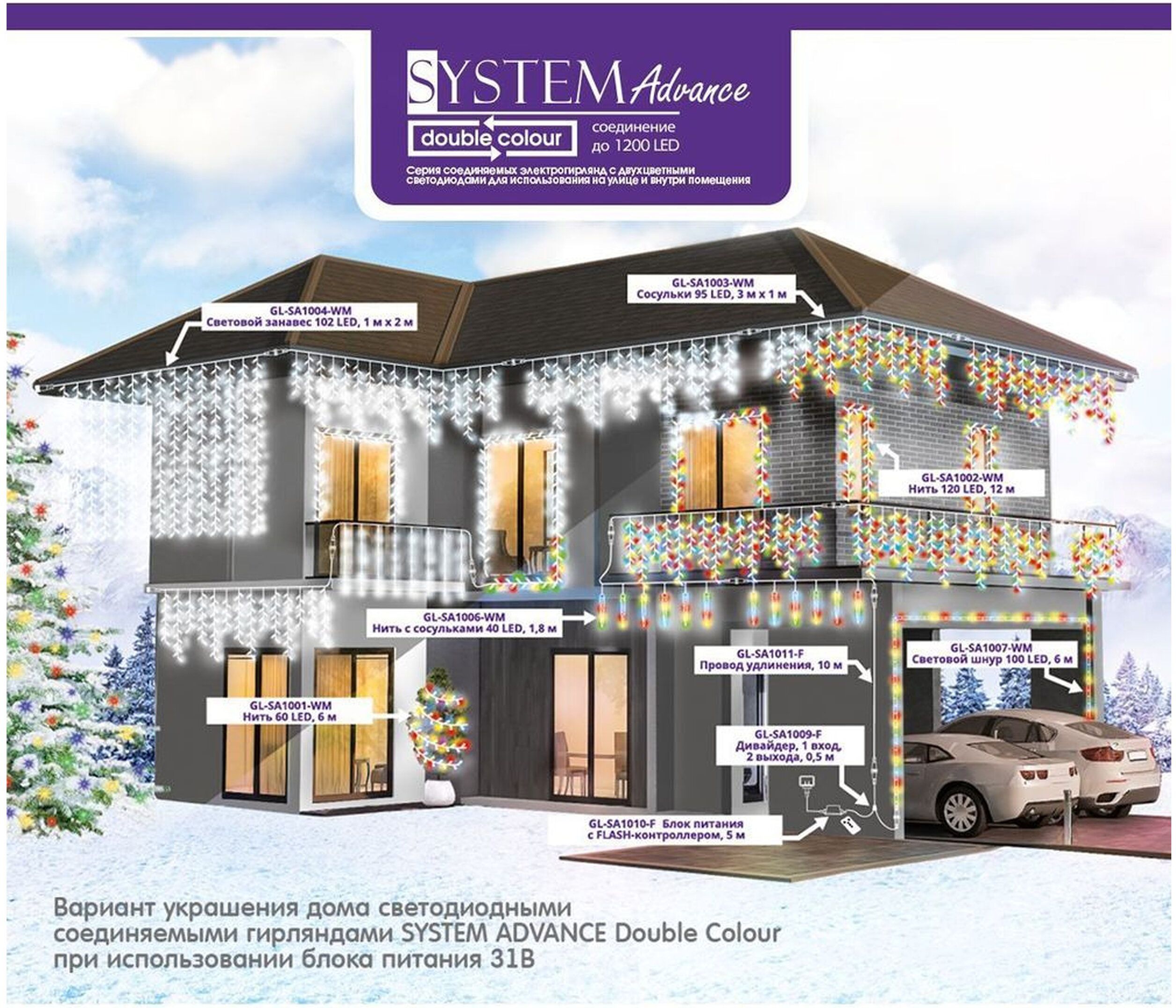 Изображение товара Гирлянда универсальная занавес 95 LED многоцветный,белый 3 м