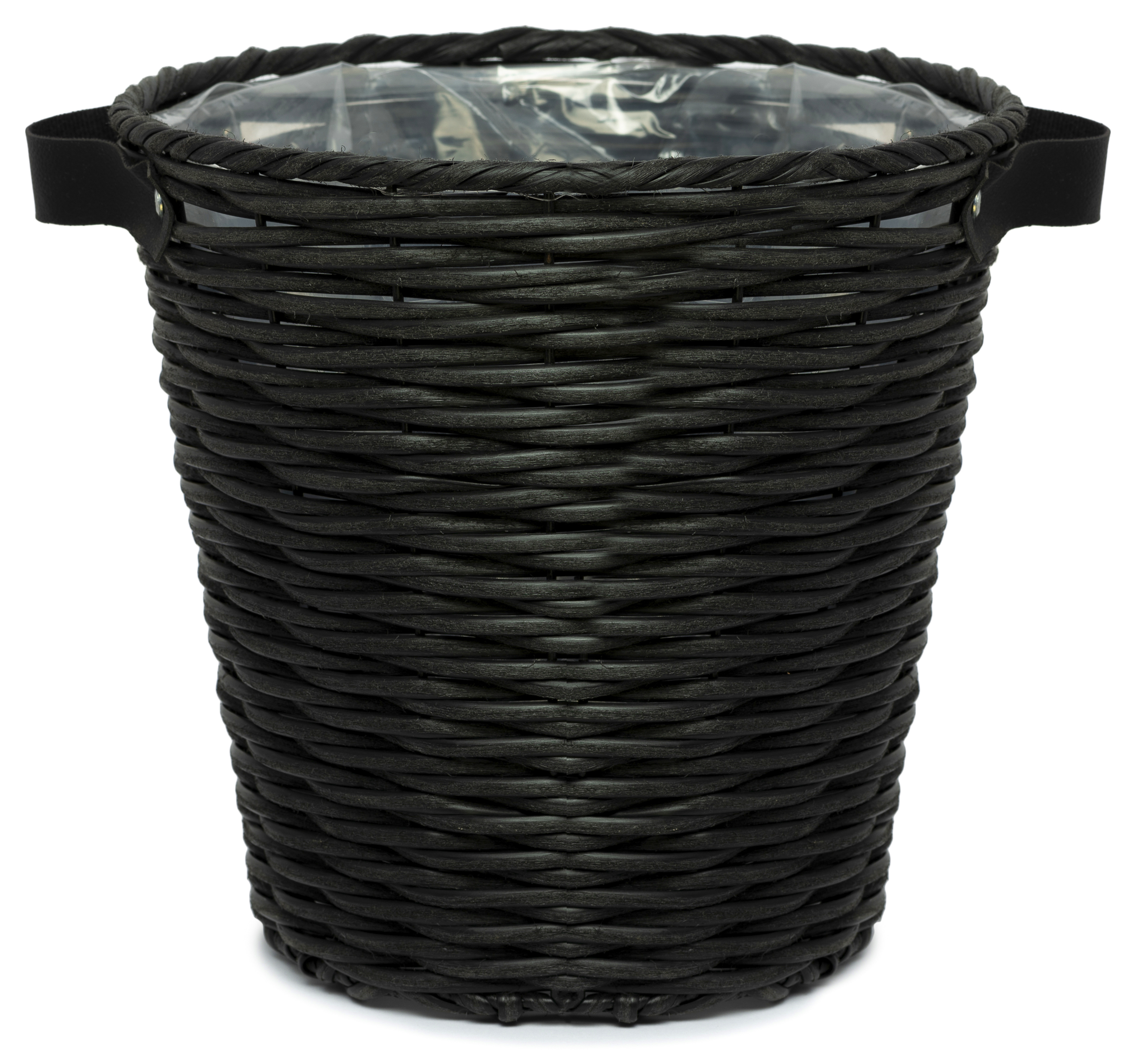 Изображение товара Черное плетеное кашпо d28 из полипропилена с ручками для дома и улицы