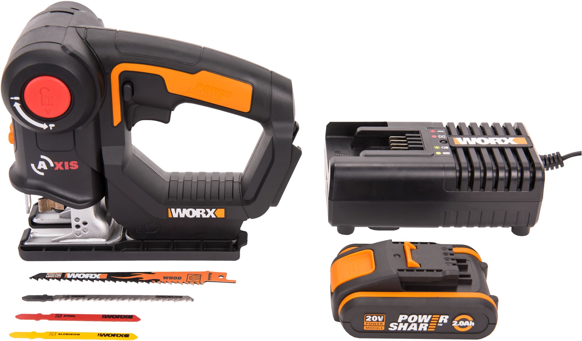 Изображение товара Аккумуляторный лобзик и сабельная пила Worx Axis WX550 с регулировкой и быстрым зарядом