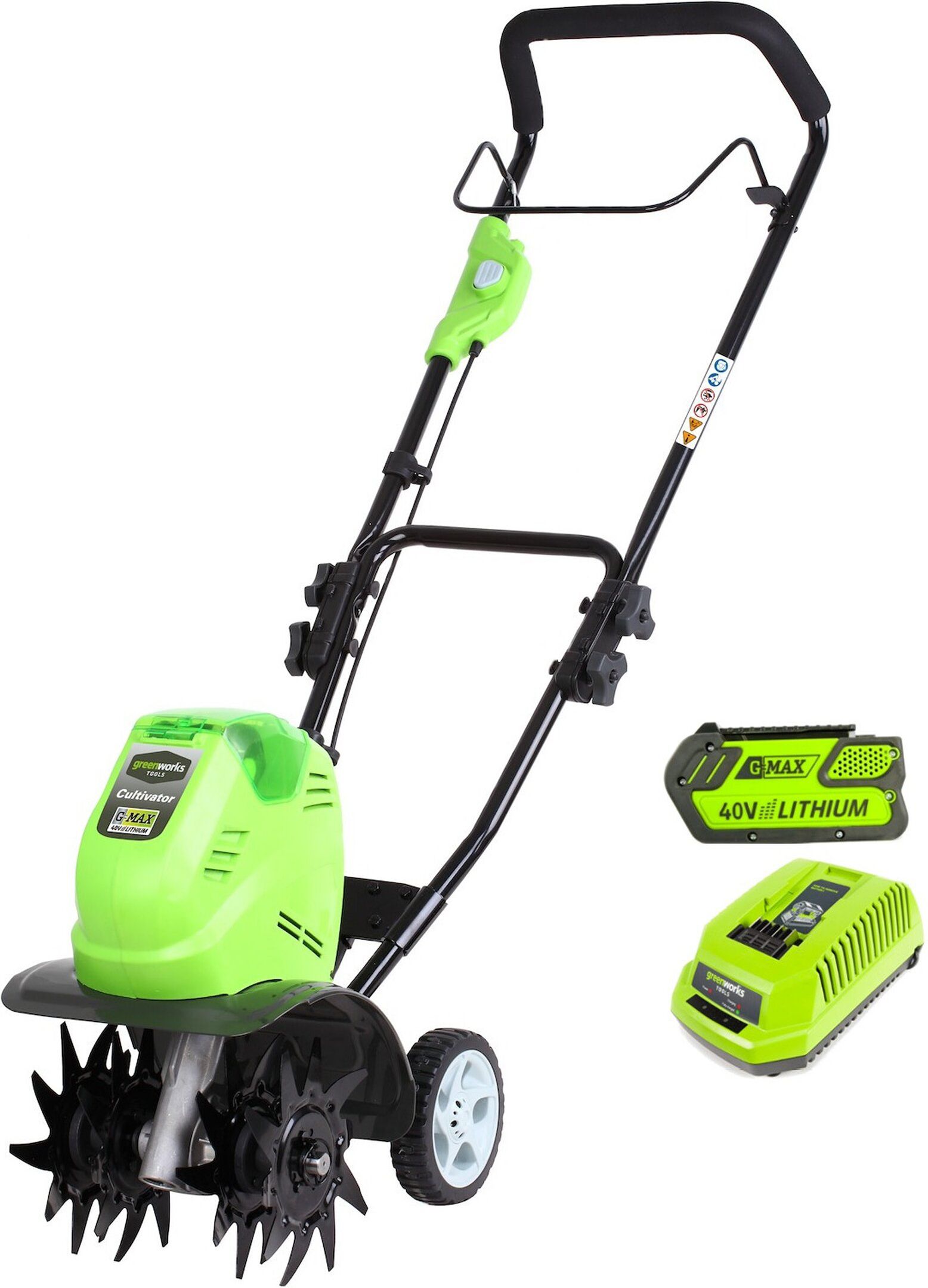 Изображение товара Аккумуляторный культиватор Greenworks G40TLK4 40V 4Ач с фрезами для обработки почвы