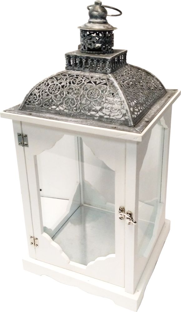 Изображение товара Белый металлический и деревянный подсвечник фонарь 22х54 см авторский дизайн