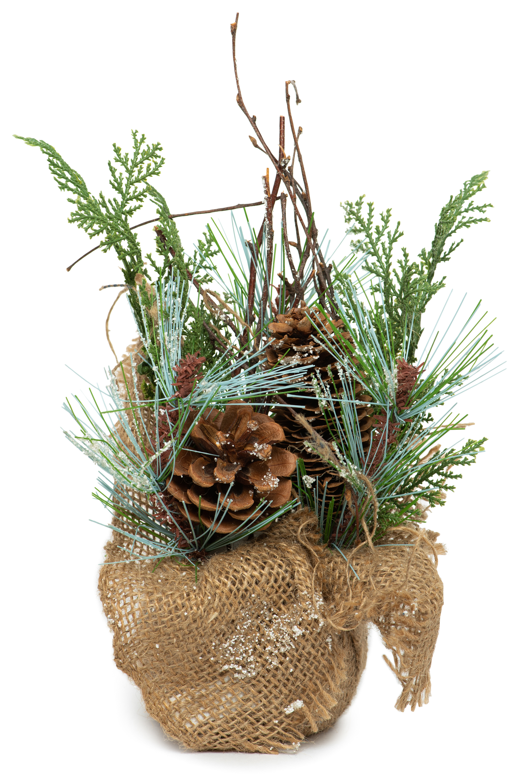 Изображение товара Новогодняя композиция 30 см с декором из шишек и мешковины для праздничного интерьера