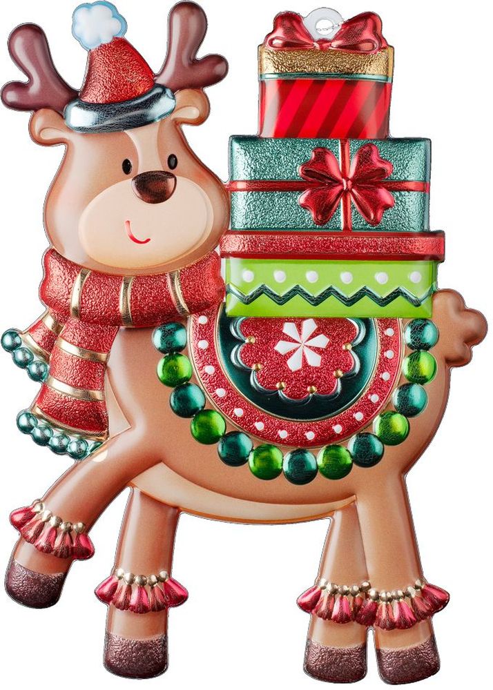 Изображение товара Ёлочная игрушка Олень с подарками 17 см — объемное праздничное украшение из ПВХ