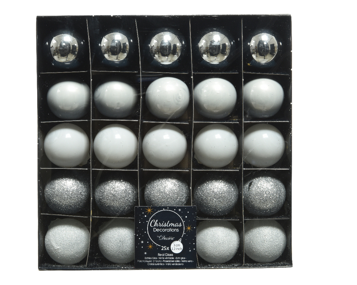 Изображение товара Набор новогодних шаров Decoris белые 3 см 25 шт для елки и декора