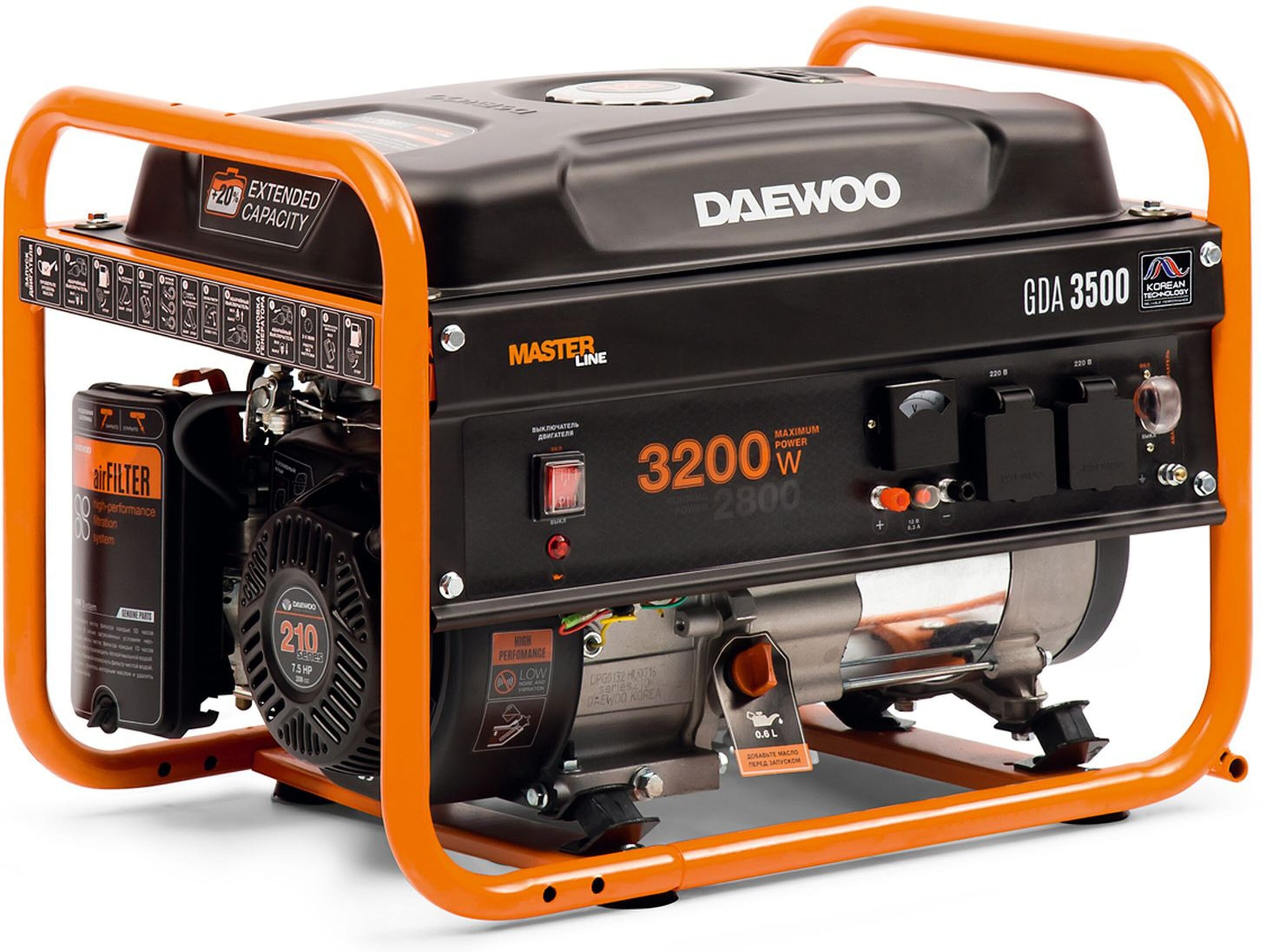 Изображение товара Бензиновый генератор DAEWOO GDA 3500 220B 3,2 кВт, 15 л, синхронный, ручной запуск