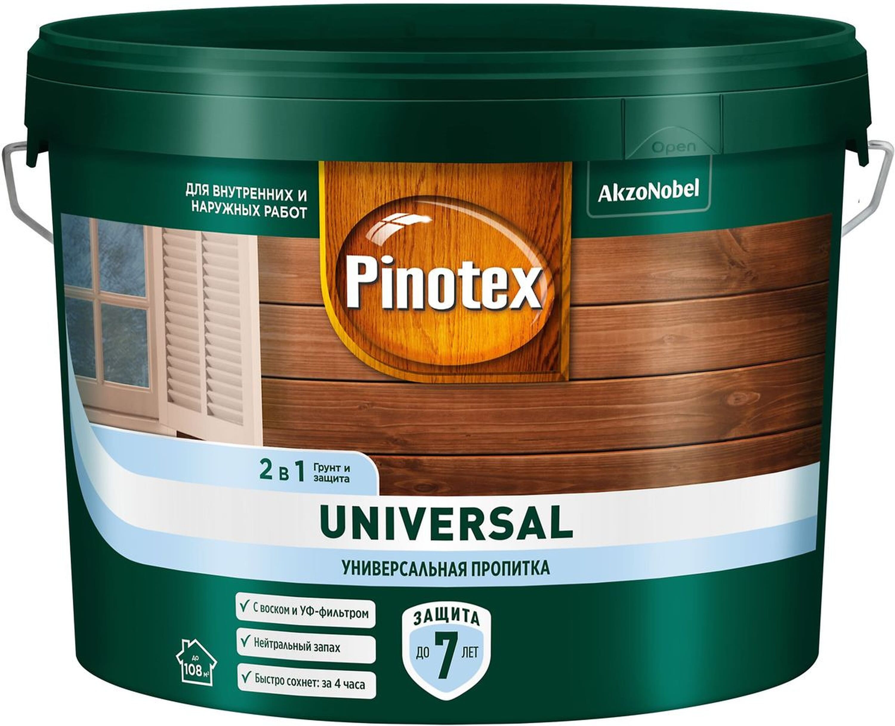 Изображение товара Универсальная защитная пропитка Pinotex Universal 9 л полуматовая для внутренней и наружной обработ