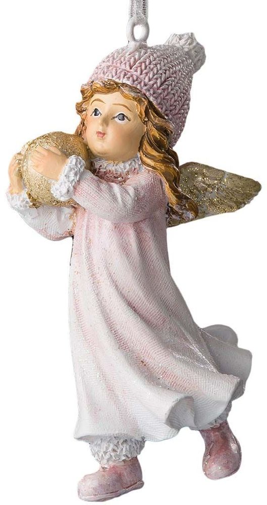 Изображение товара Ёлочная игрушка Ангел со снежком 8 см розовая для новогоднего декора