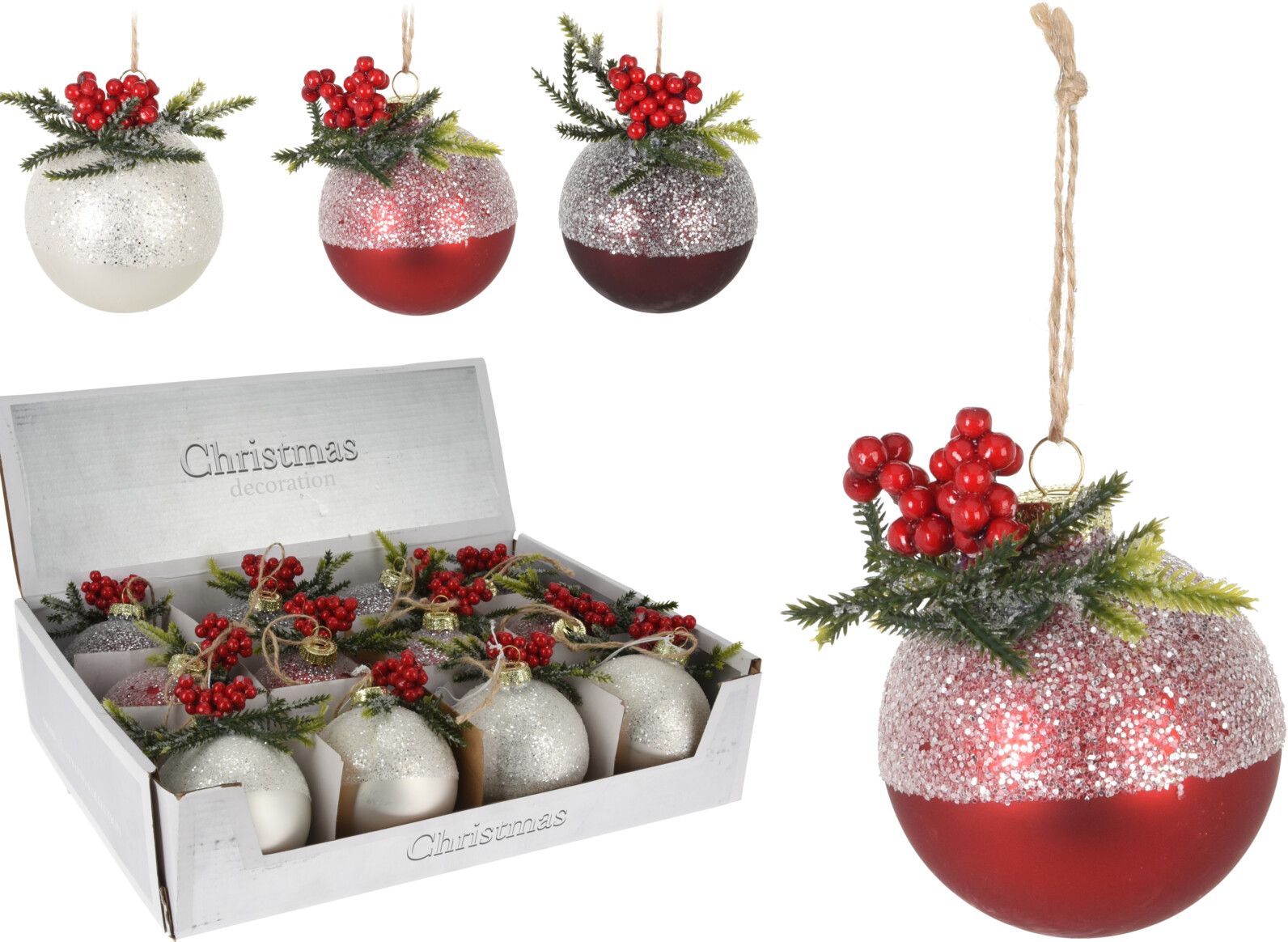 Изображение товара Новогодний шар с веткой 8 см стекло праздничное елочное украшение