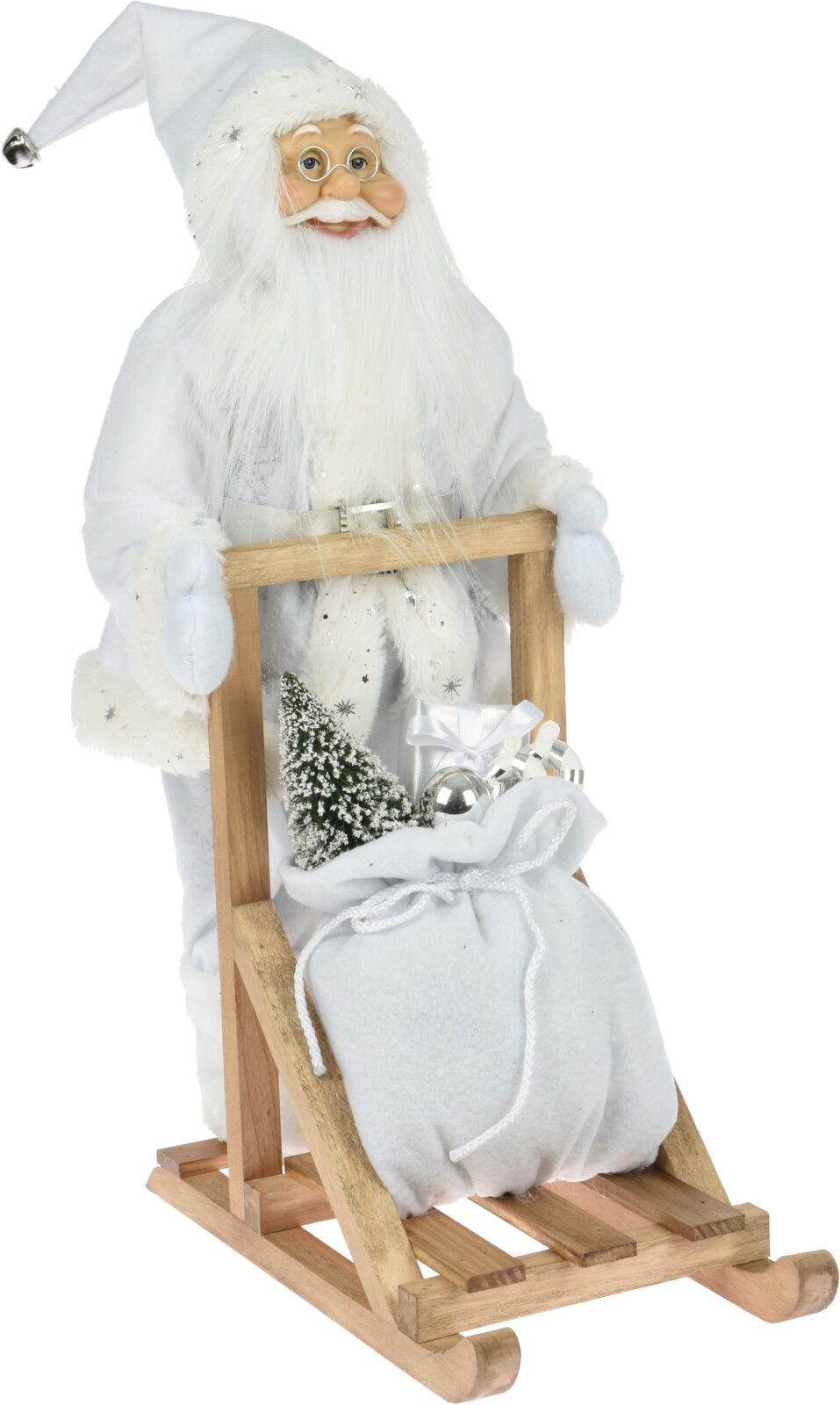 Изображение товара Декорация Санта на санях белый 45 см для новогоднего интерьера