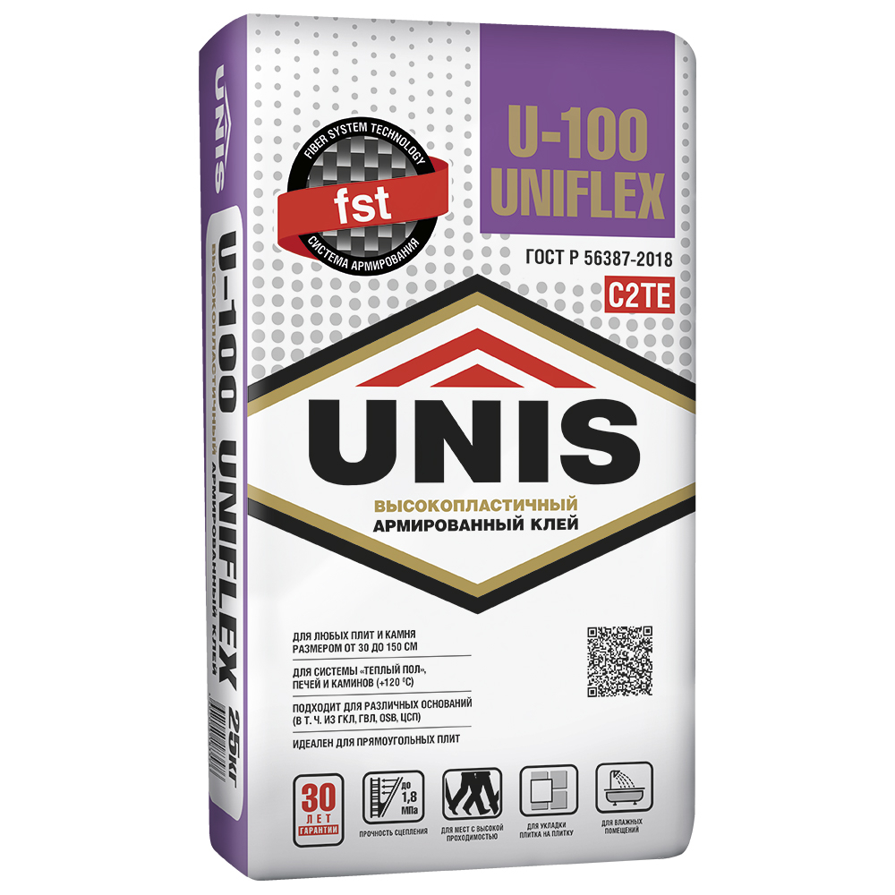 Изображение товара Плиточный клей UNIS UNIFLEX U-100 С2 ТЕ 25 кг для различных работ