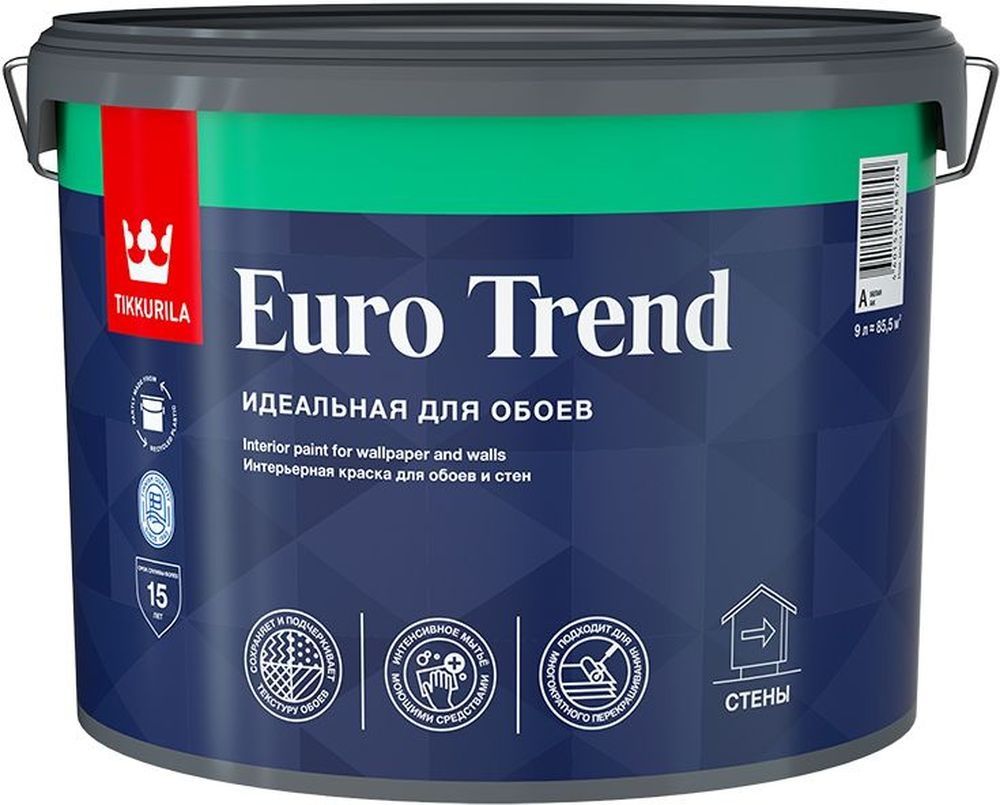 Изображение товара Краска для обоев и стен Tikkurila Euro Trend матовая база А 9 л — интерьерная, влагостойкая