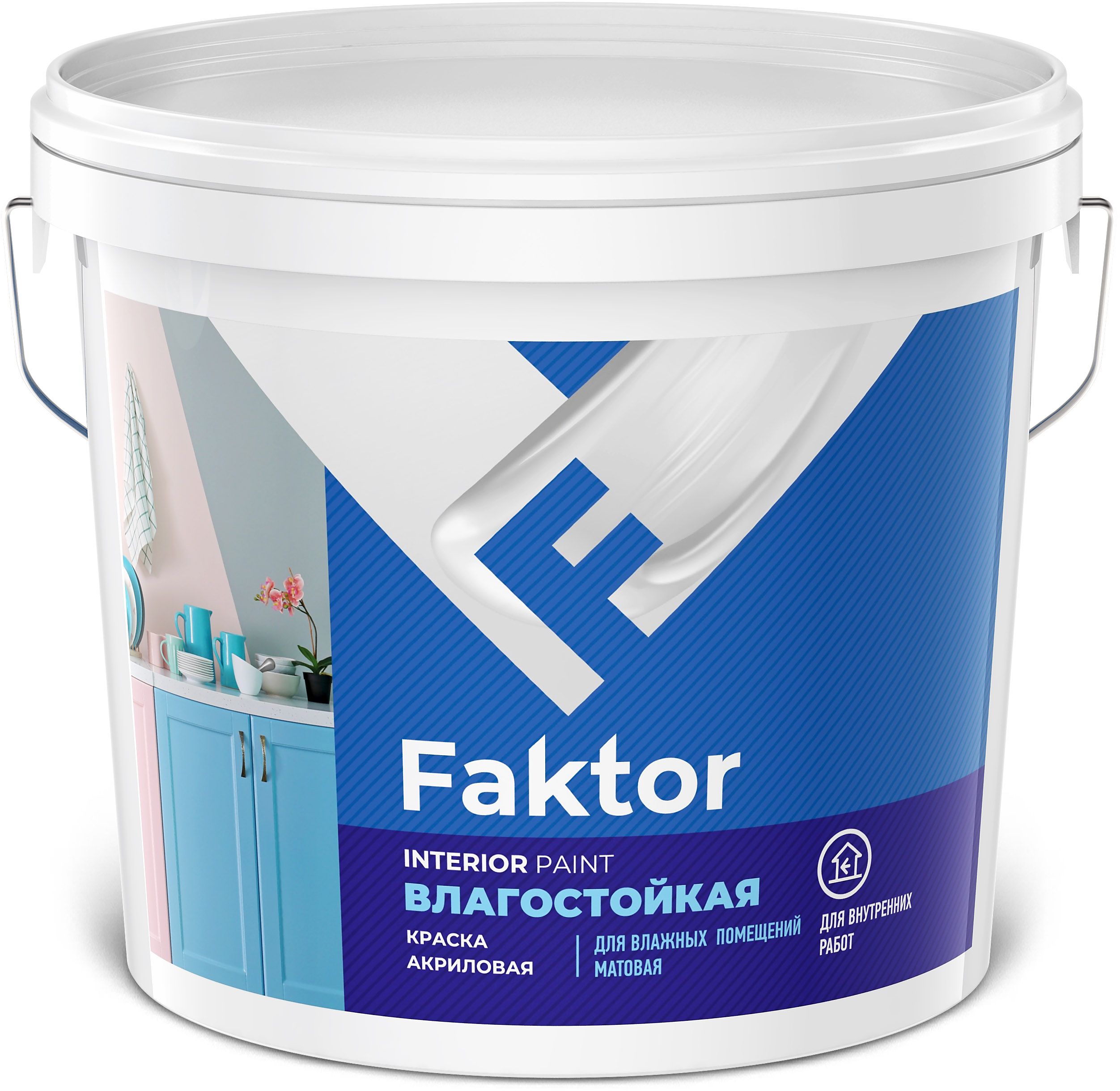 Изображение товара Влагостойкая интерьерная краска FAKTOR для стен и потолков, белая, 13 кг