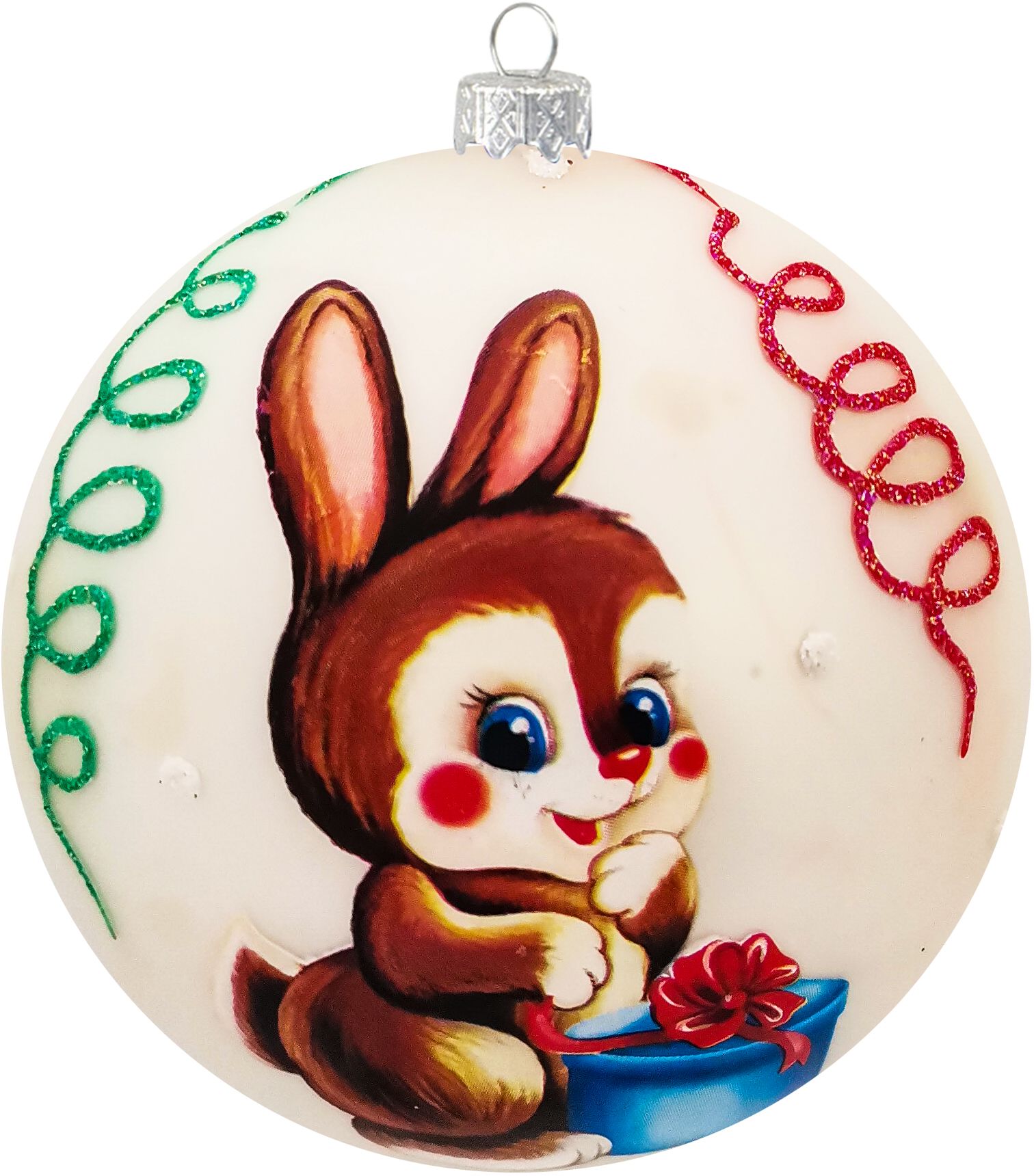 Изображение товара Новогодний шар Коломеев Зайчонок с подарком символ года 8 см в подарочной упаковке