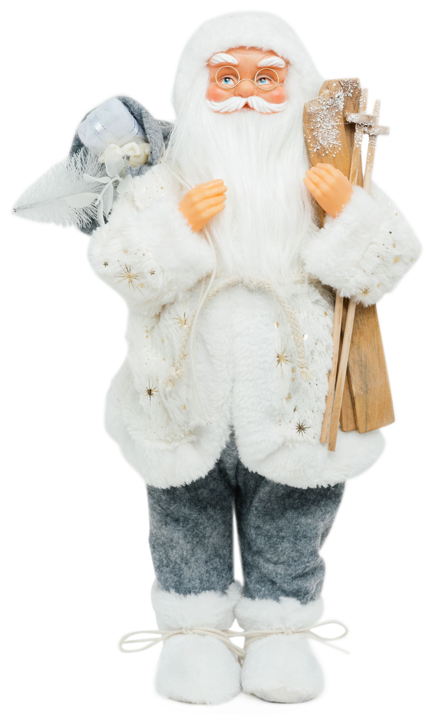 Изображение товара Фигурка Дед Мороз белый с лыжами и подарками 46 см для новогоднего декора