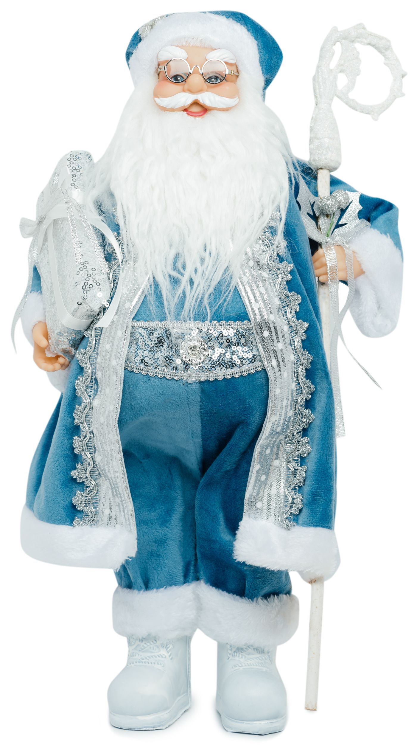 Изображение товара Дед Мороз в голубой шубке с подарками и посохом 53 см
