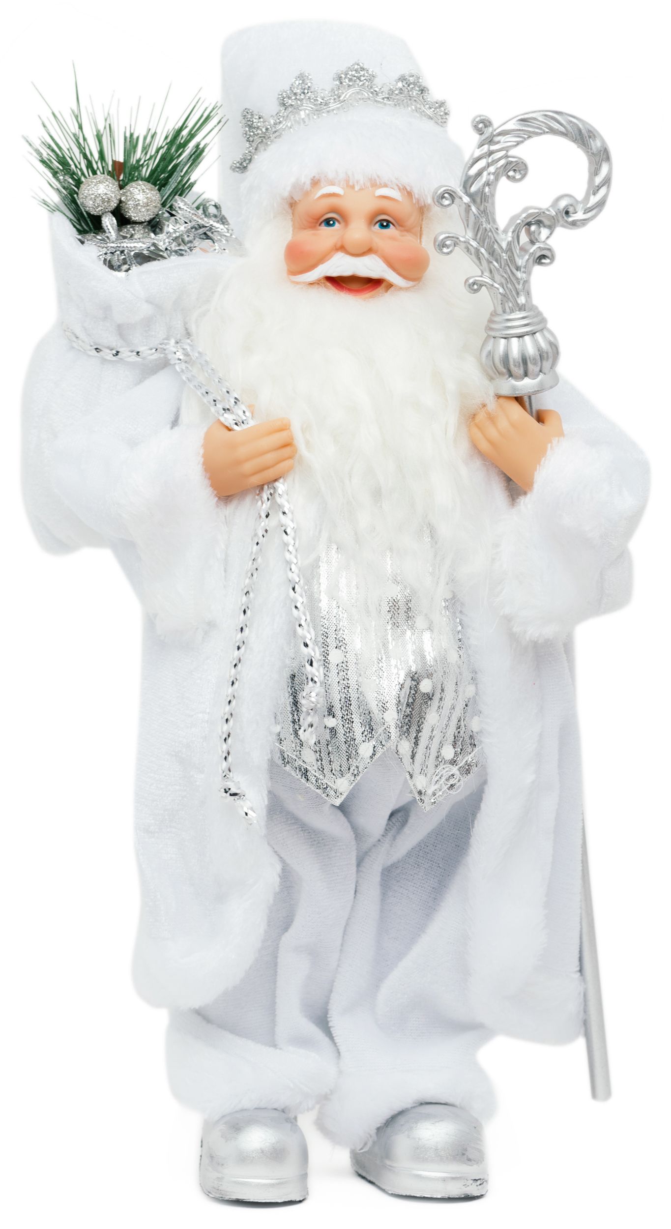 Изображение товара Дед Мороз в серебряной шубке с подарками и посохом 33 см