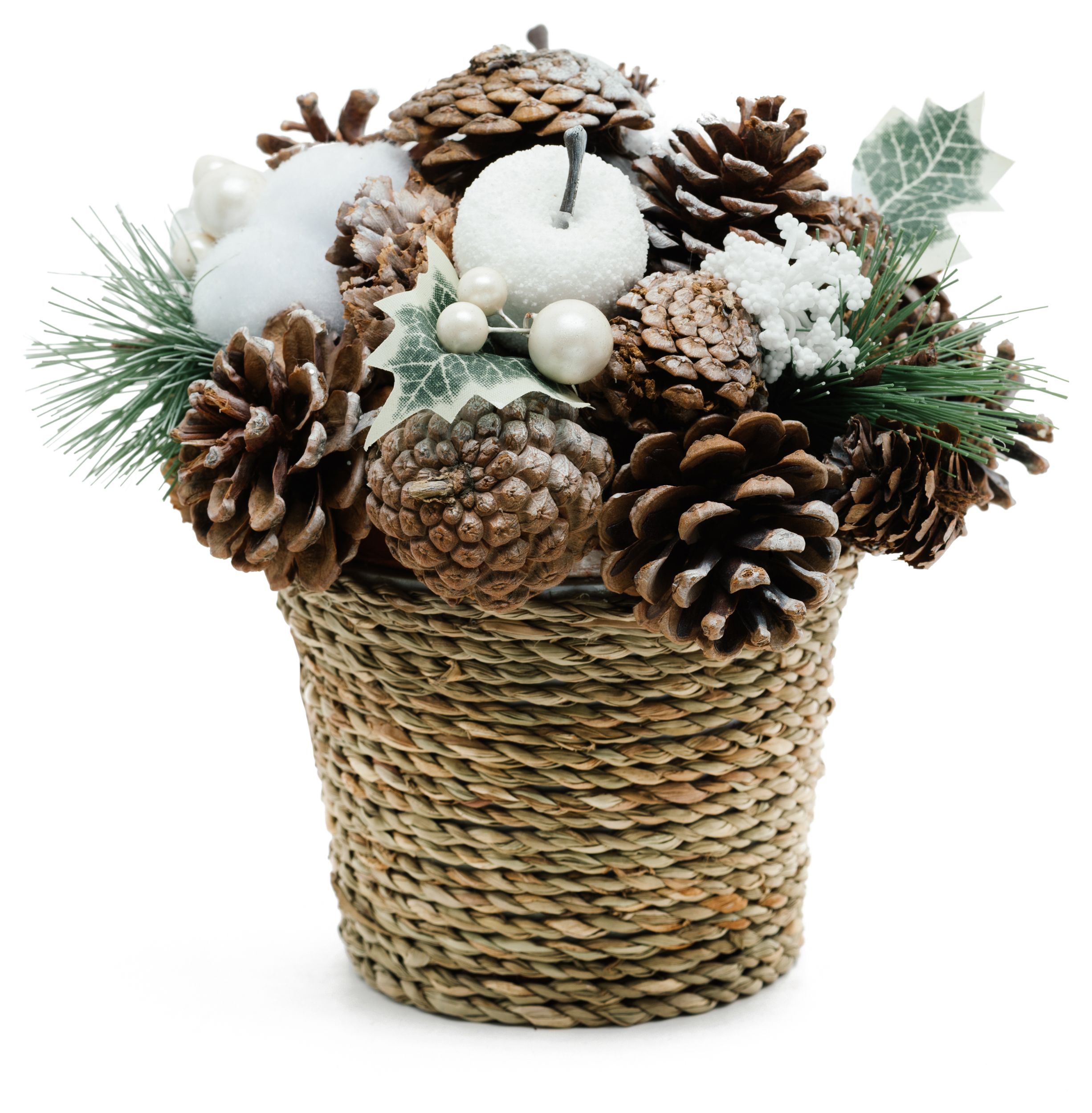 Изображение товара Корзинка с искуственными веточками шишками и ягодами 19x19x19 см бело-зеленая