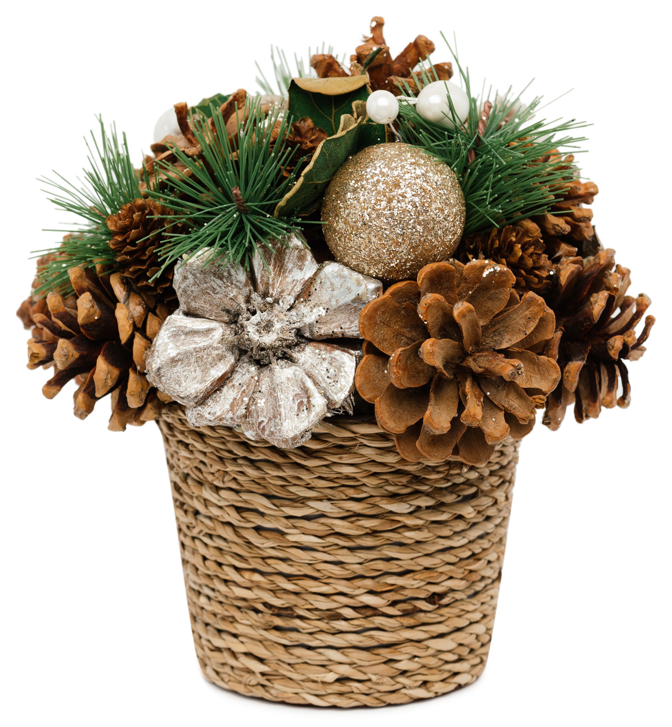 Изображение товара Декорация корзинка с искусственными веточками, шишками и ягодами 19 см
