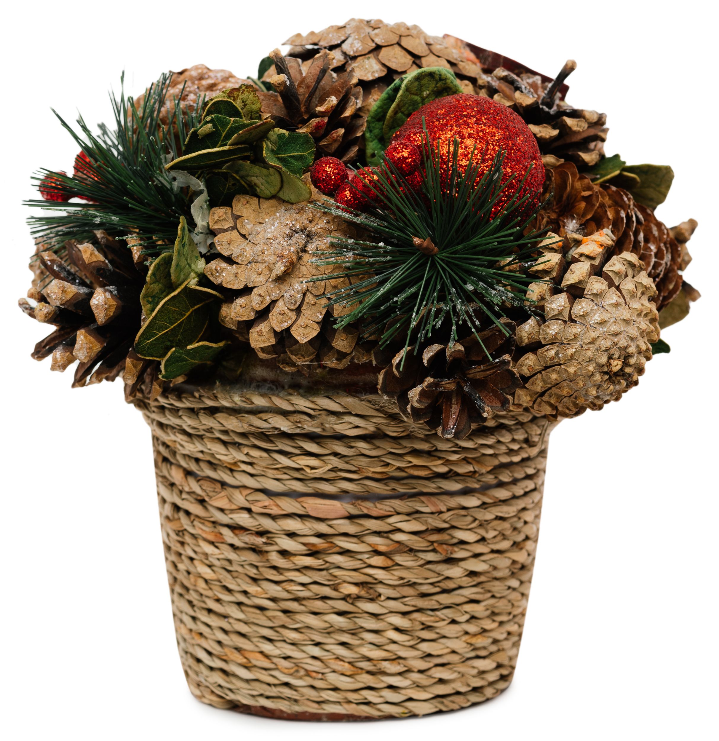 Изображение товара Корзинка с искусственными веточками шишками и ягодами 19x19x19 см красно-зеленая декорация