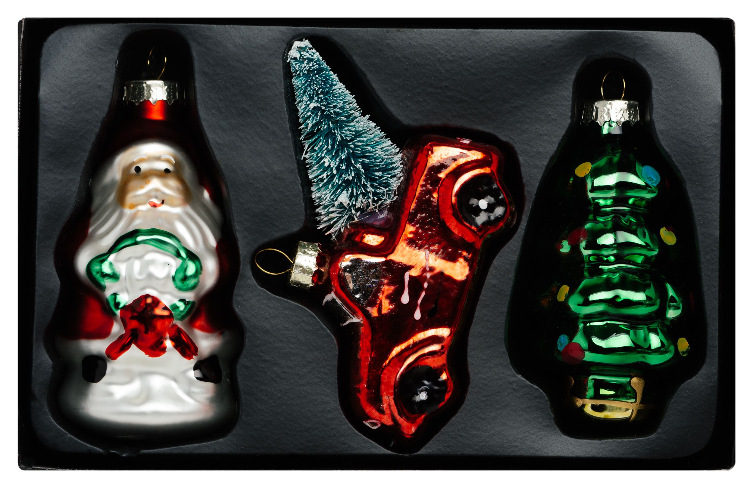 Изображение товара Набор ёлочных игрушек 3 шт стекло Дед Мороз Ёлочка Автомобиль 17,5x11x4,5 см