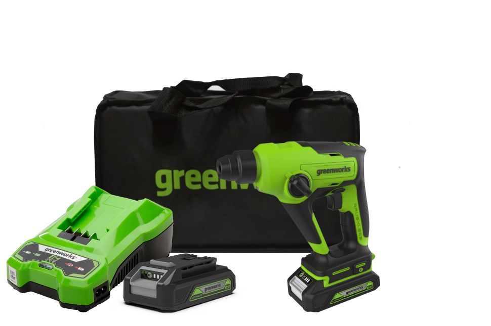 Изображение товара Аккумуляторный перфоратор Greenworks GD24SDS1K2 24 В с ЗУ и АКБ, компактный и мощный