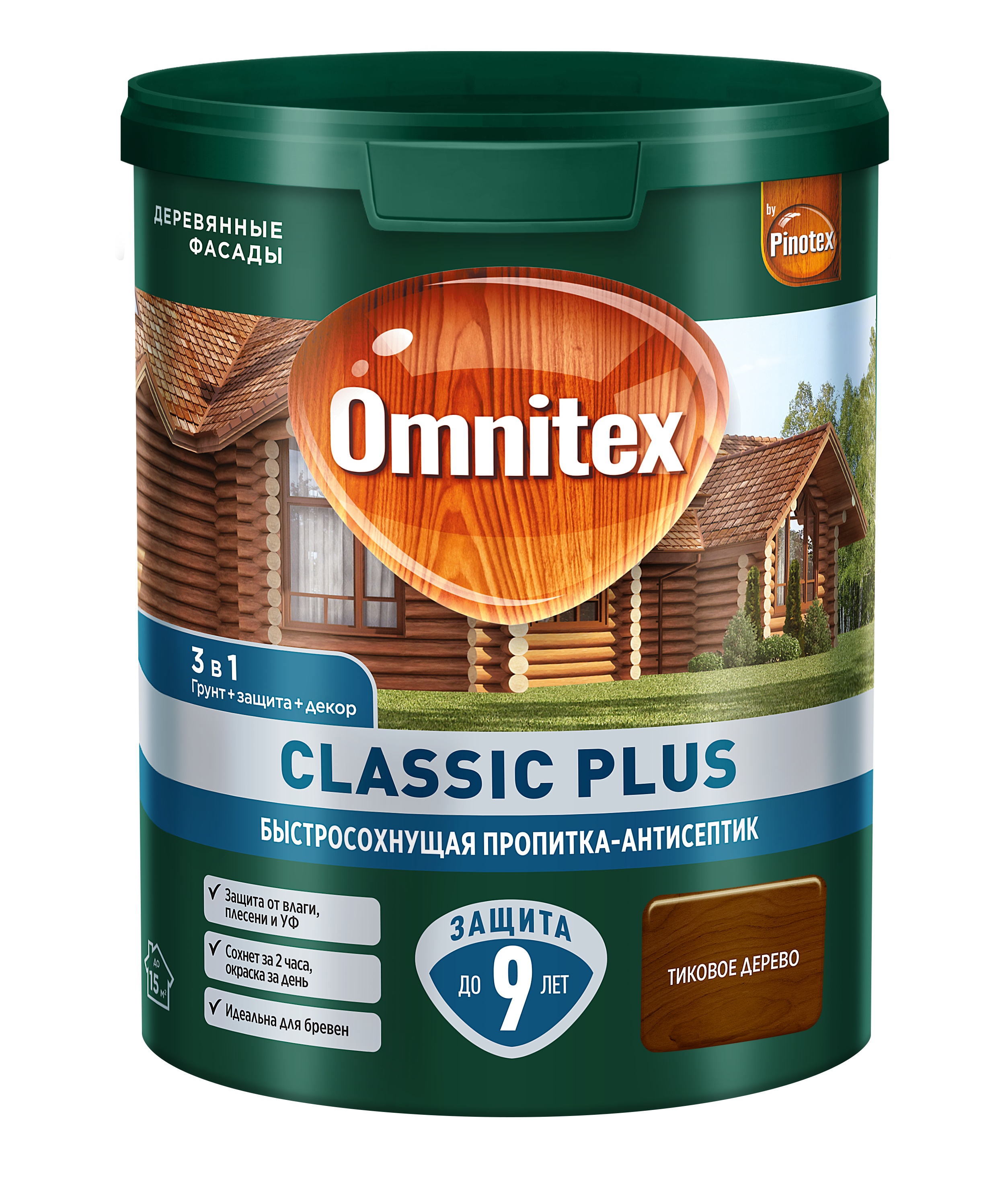 Изображение товара Быстросохнущая пропитка-антисептик Pinotex Classic Plus Тиковое дерево 0.9 л для защиты дерева
