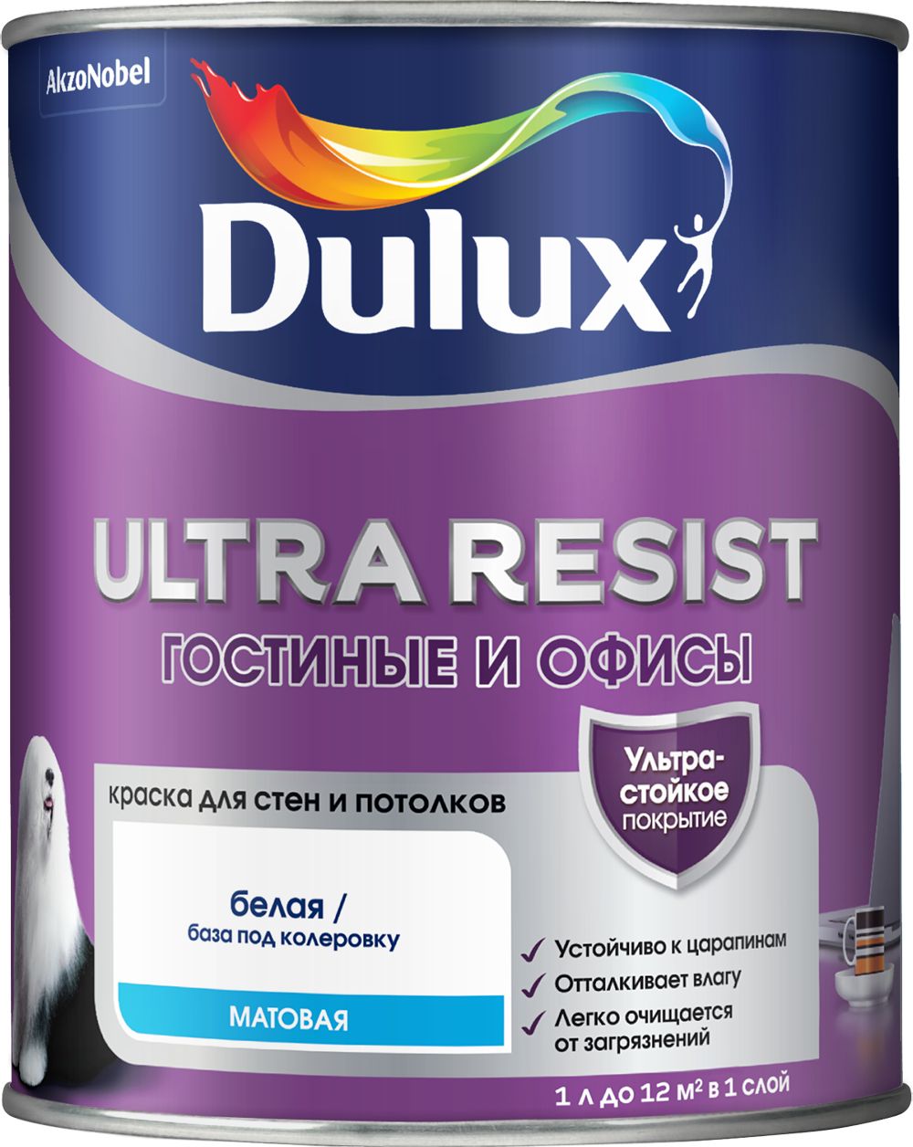 Изображение товара Краска Dulux Ultra Resist для стен и потолков 0,9 л матовая защита от грязи влаги