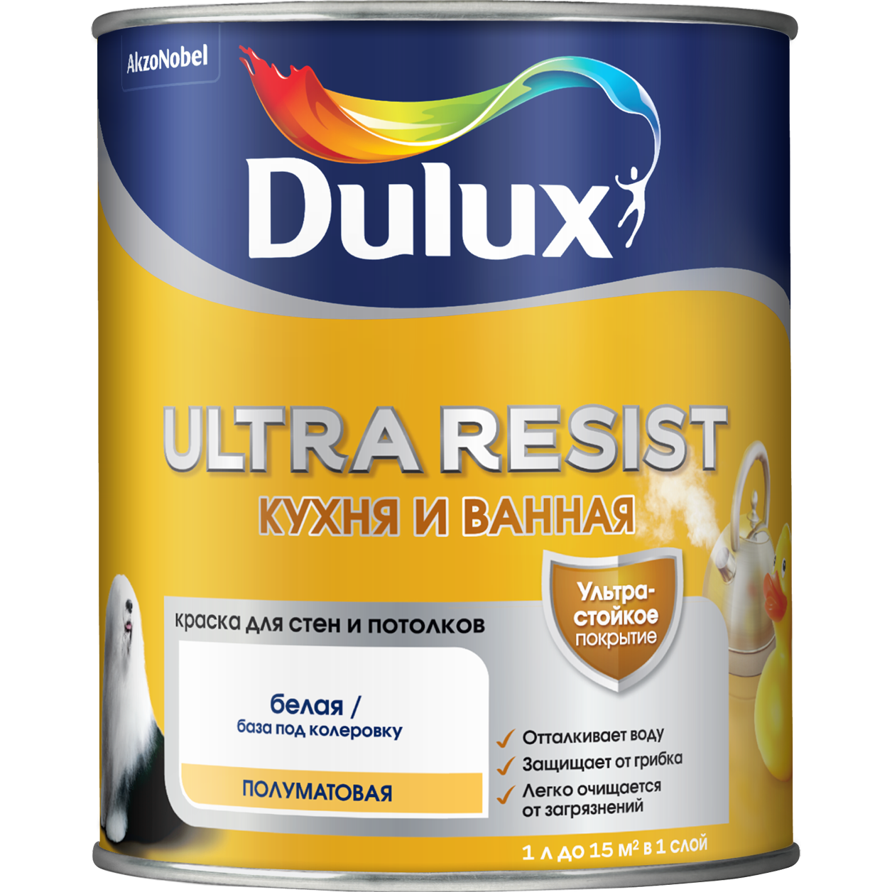 Изображение товара Дулах Ultra Resist Краска для кухни и ванной 0,9 л влагостойкая полуматовая