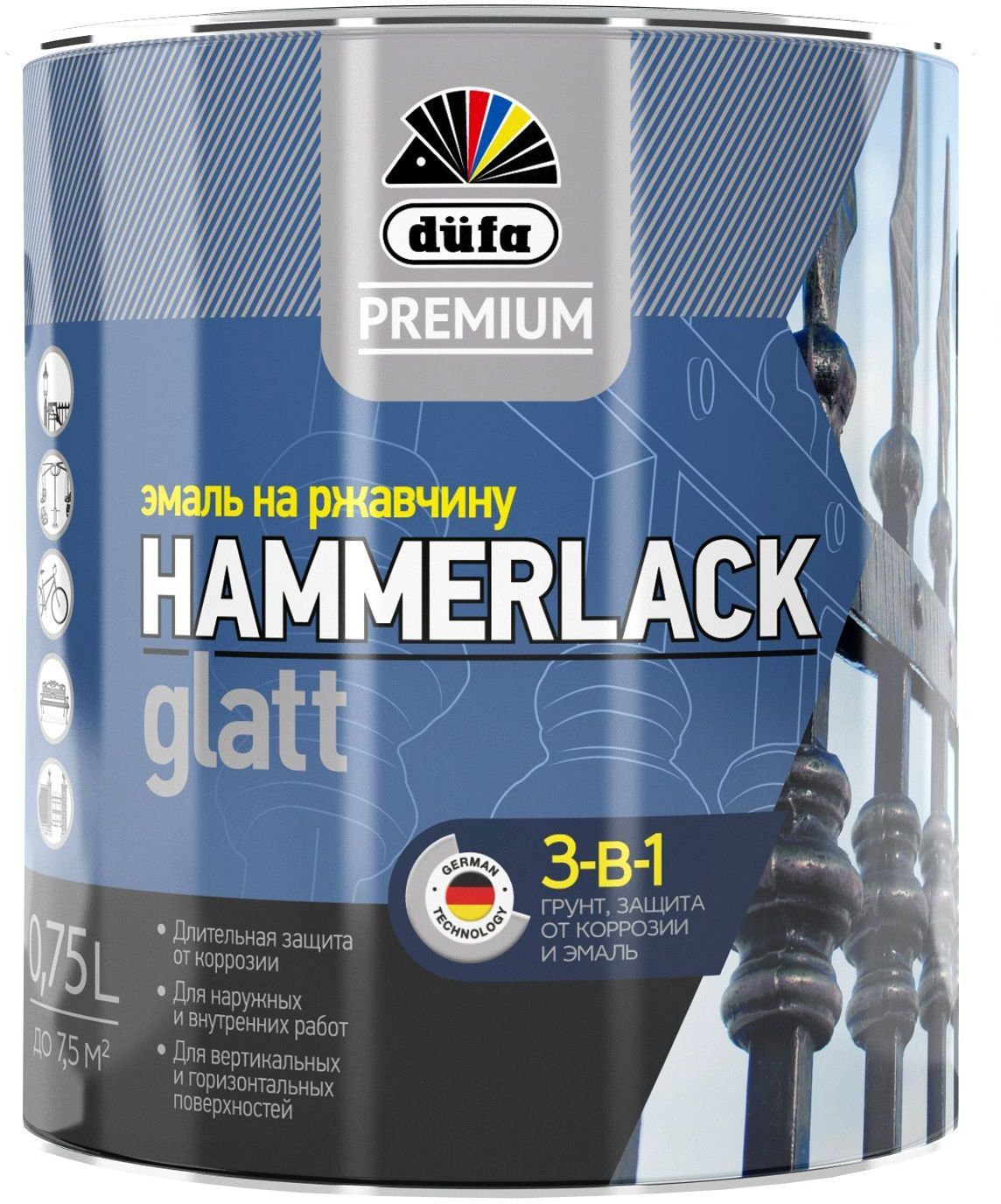 Изображение товара Эмаль по ржавчине DUFA PREMIUM HAMMERLACK 3В1 серая 0,75 л для металла наружных и внутренних работ
