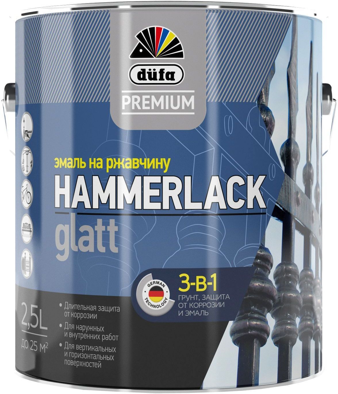 Изображение товара Эмаль по ржавчине DUFA PREMIUM HAMMERLACK 3В1 серебро 2,5 л для металла и бетона