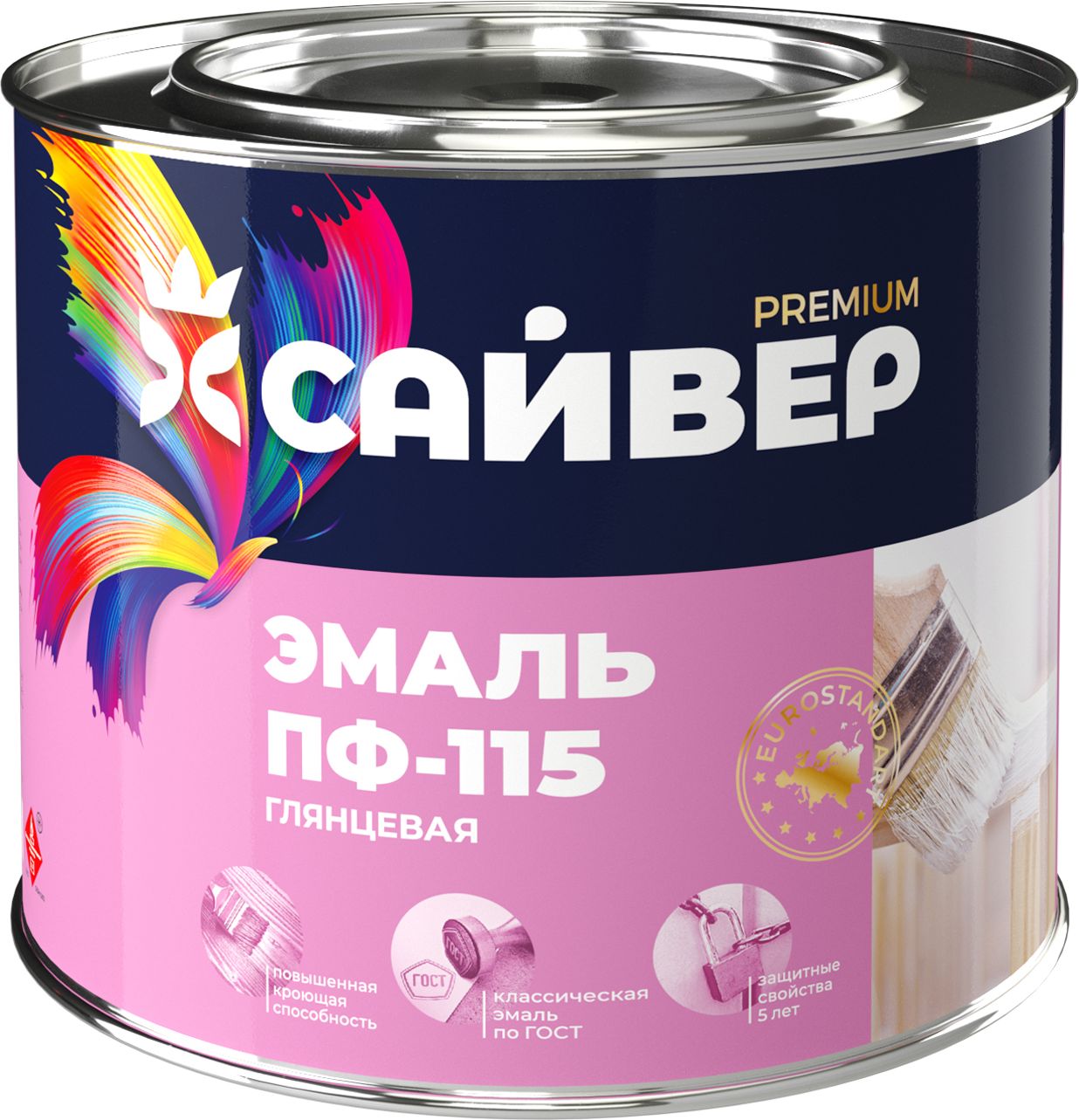 Изображение товара Алкидная эмаль универсальная дерево, металл Сайвер ПФ-115 глянцевая белый 1,8 кг